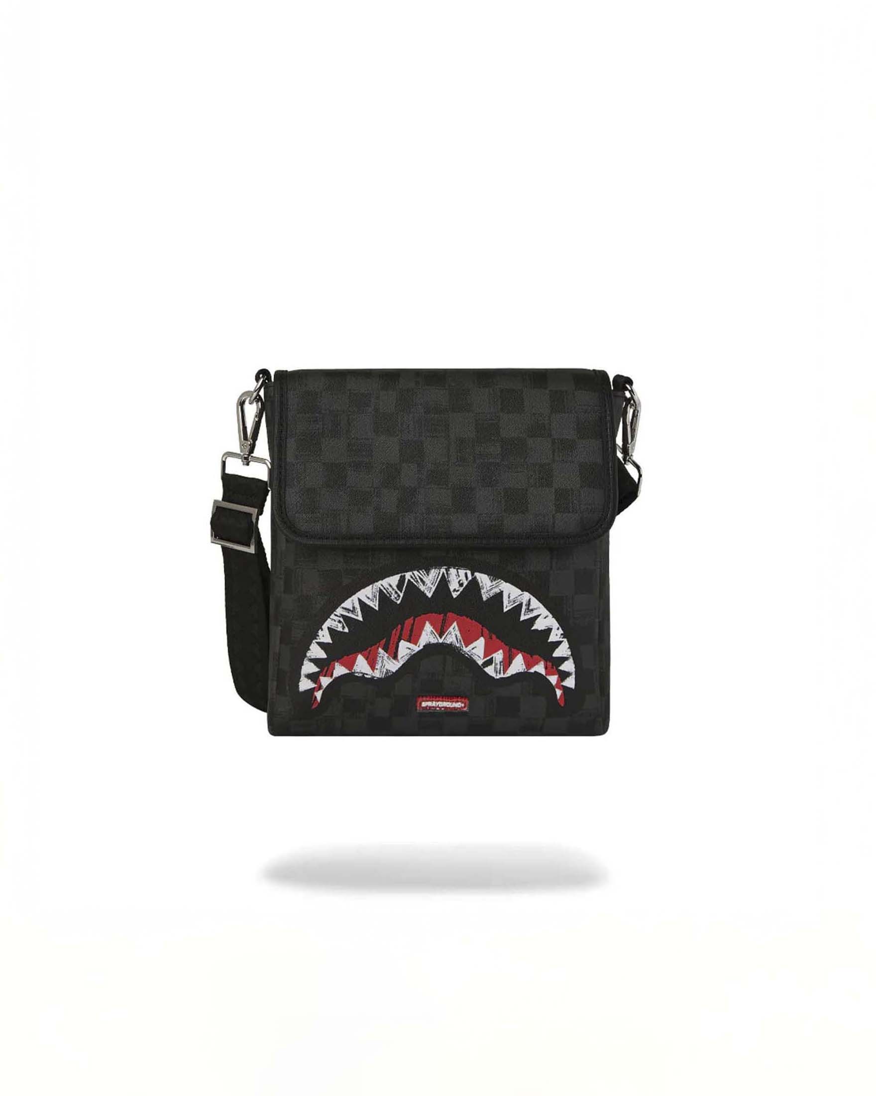Borsa a tracolla Scribble Shark in similpelle con motivo a scacchi neri e grigi e fauci di squalo