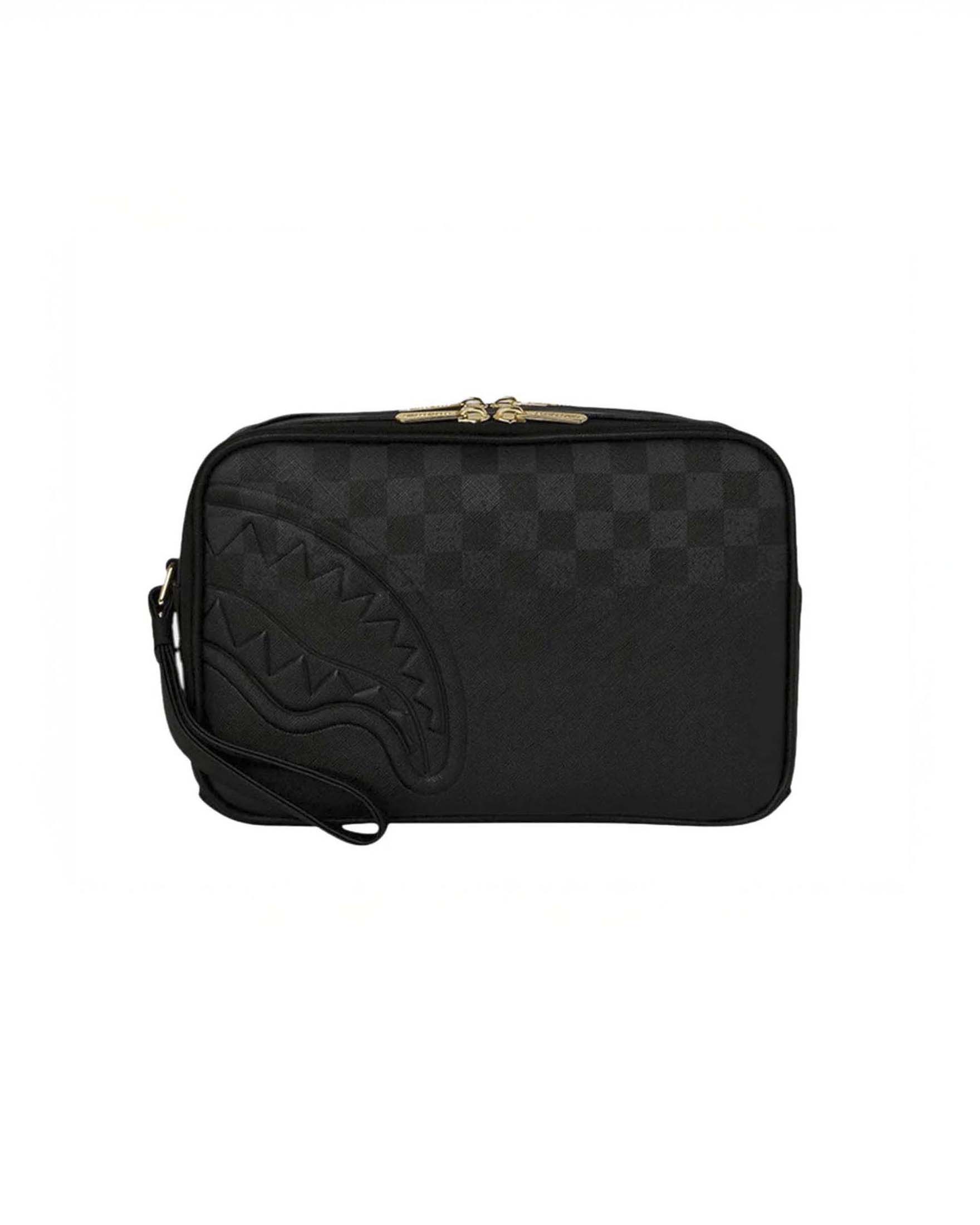 Beauty case Spritz Black in similpelle con motivo a scacchi neri e grigi e fauci di squalo tono su tono