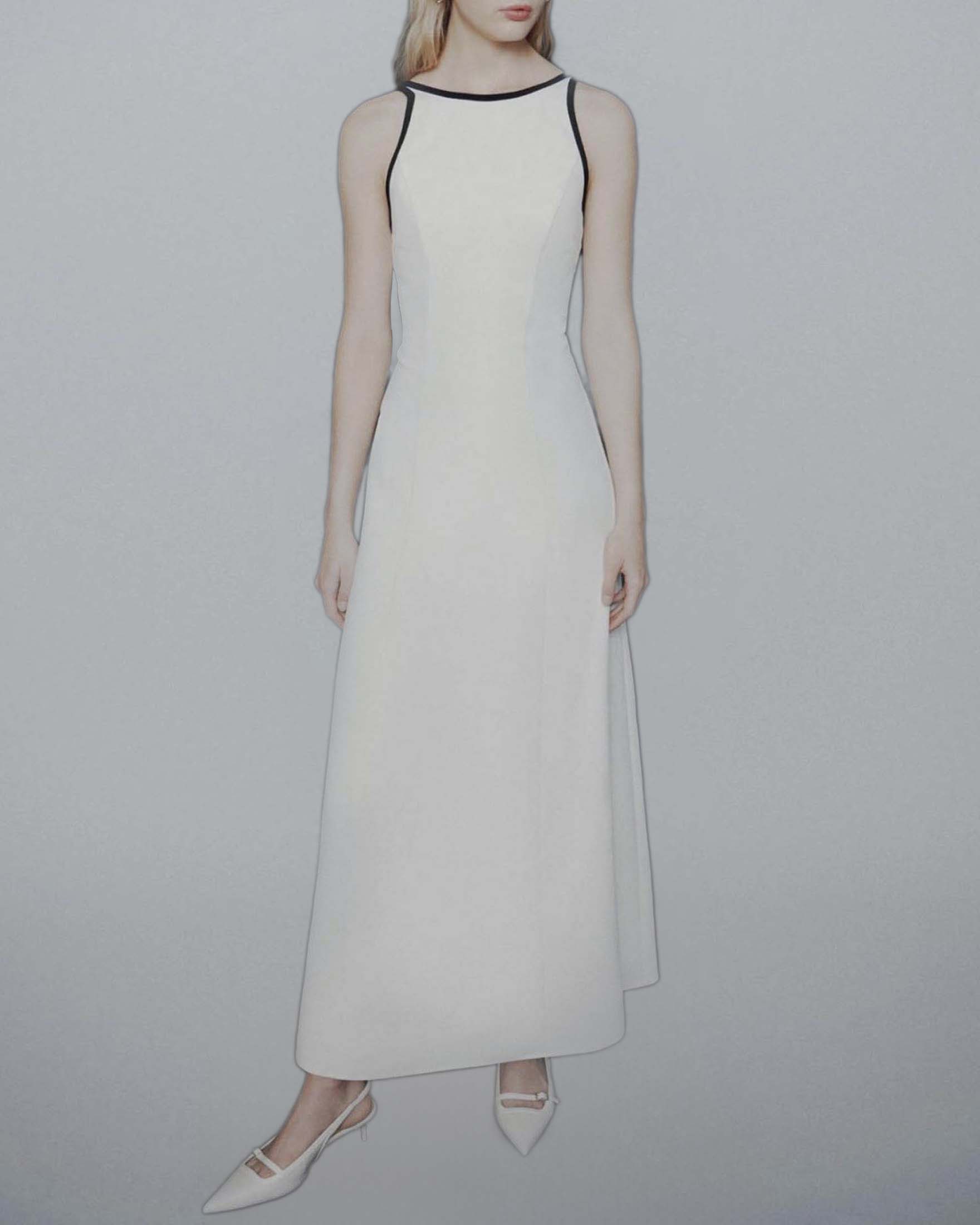 Abito lungo bianco Marella Art. 365 in envers satin con schiena scoperta e fiocco sul retro