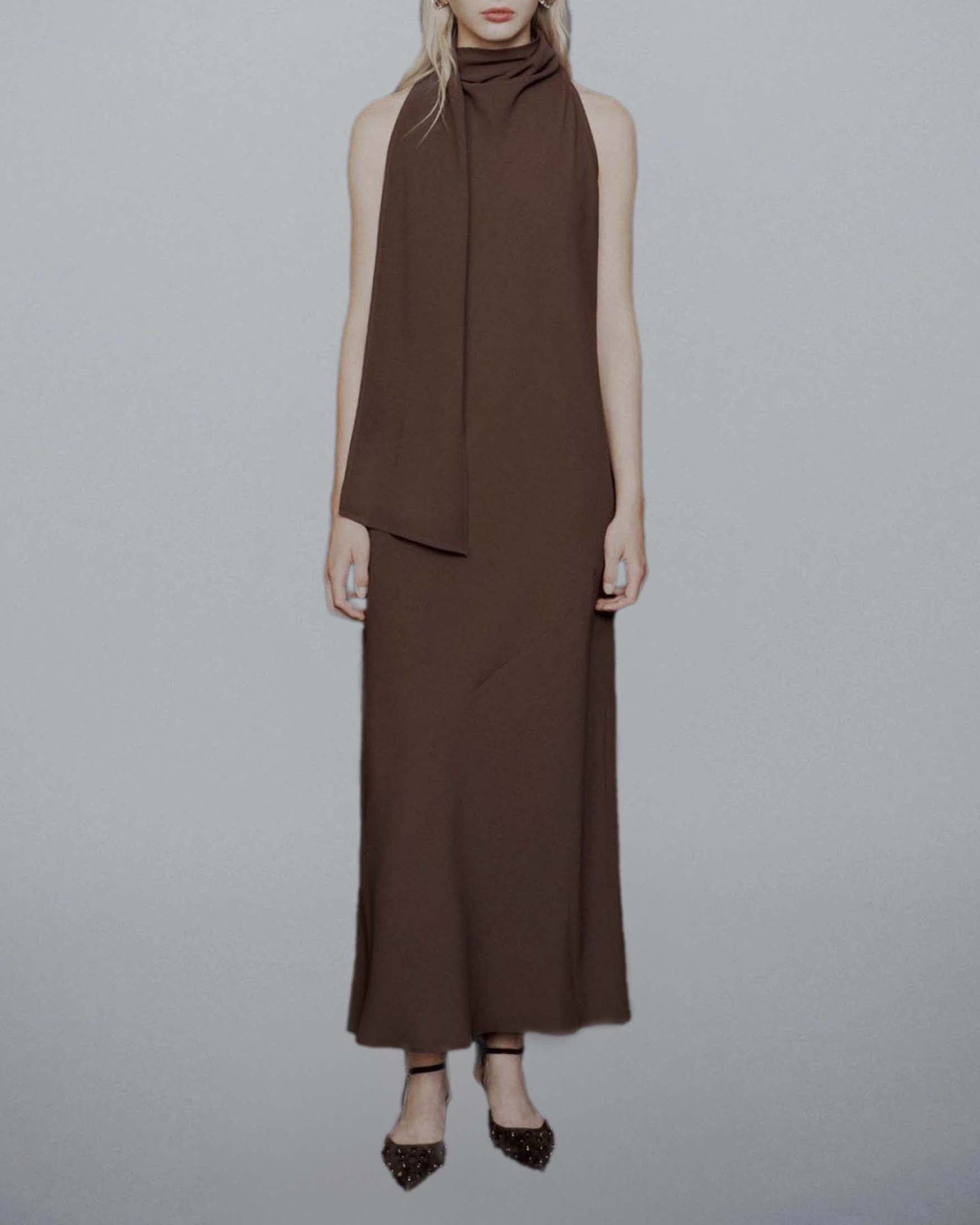 Abito longuette marrone Marella Art. 365 in crêpe envers satin con fusciacca