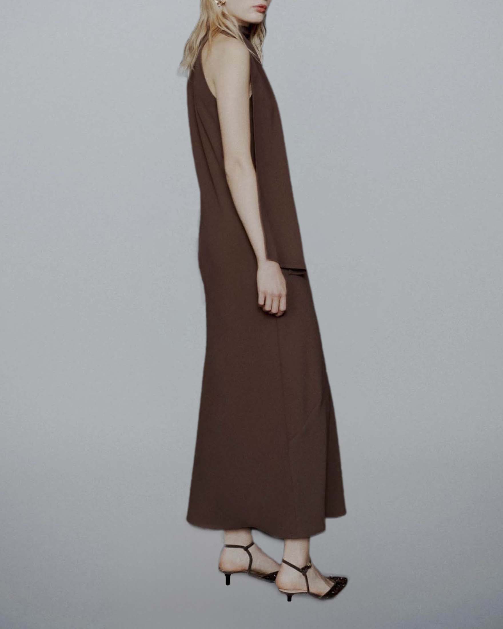 Abito longuette marrone Marella Art. 365 in crêpe envers satin con fusciacca image
