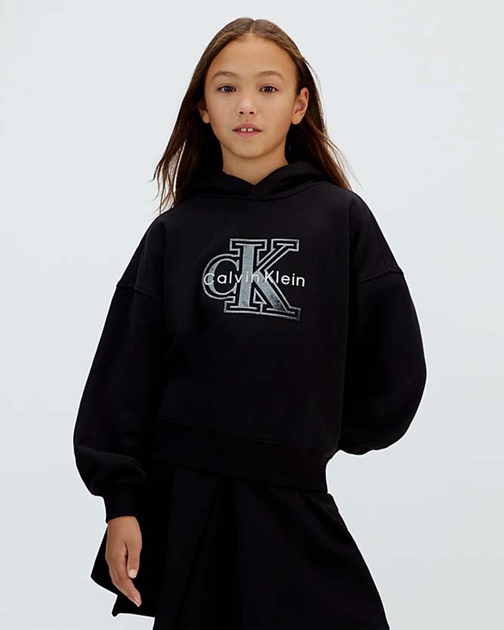 Felpa Calvin Klein nera con cappuccio e logo scritta in velluto