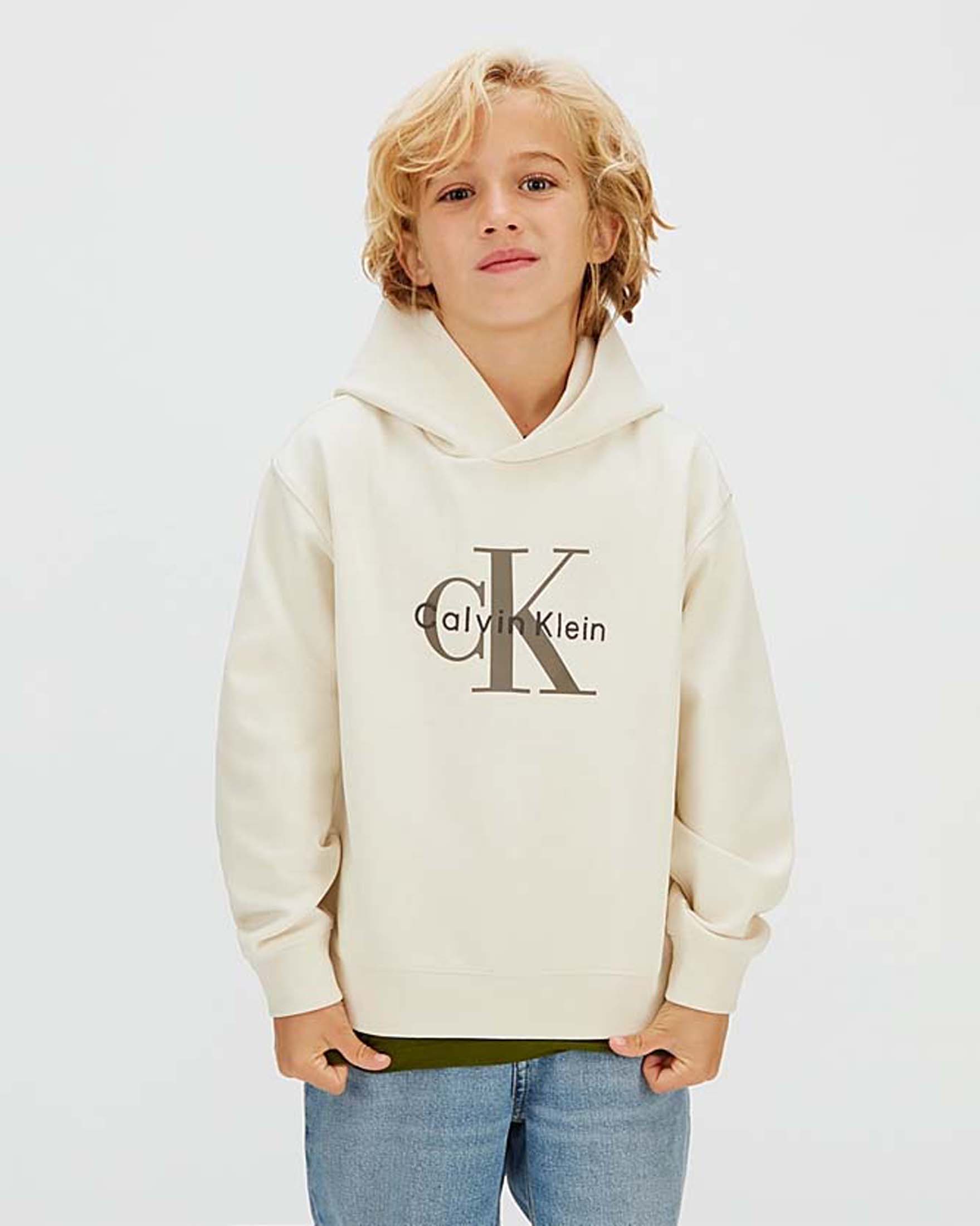 Felpa Calvin Klein color panna a maniche lunghe con cappuccio e logo