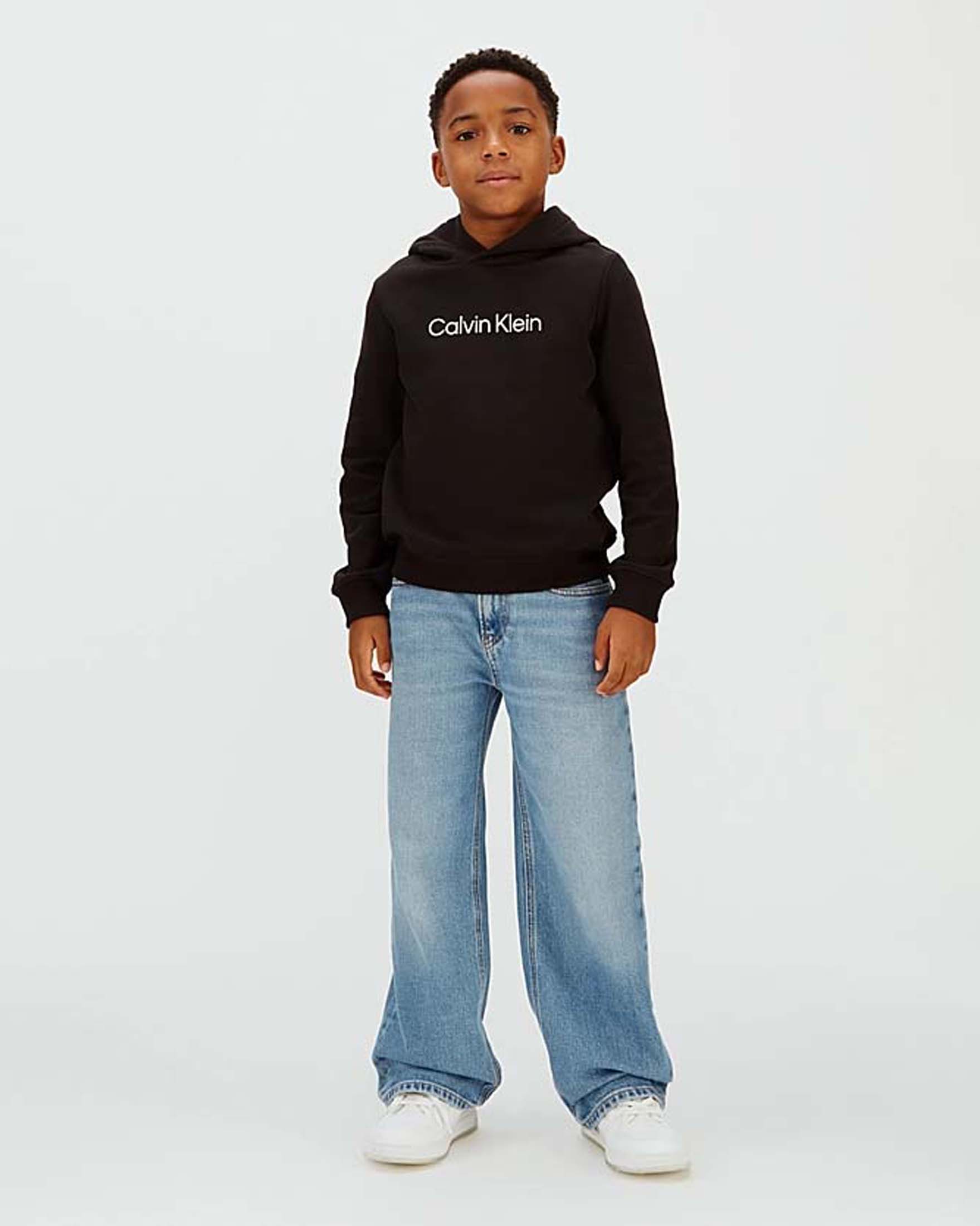 Felpa Calvin Klein nera a maniche lunghe con cappuccio e logo bianco