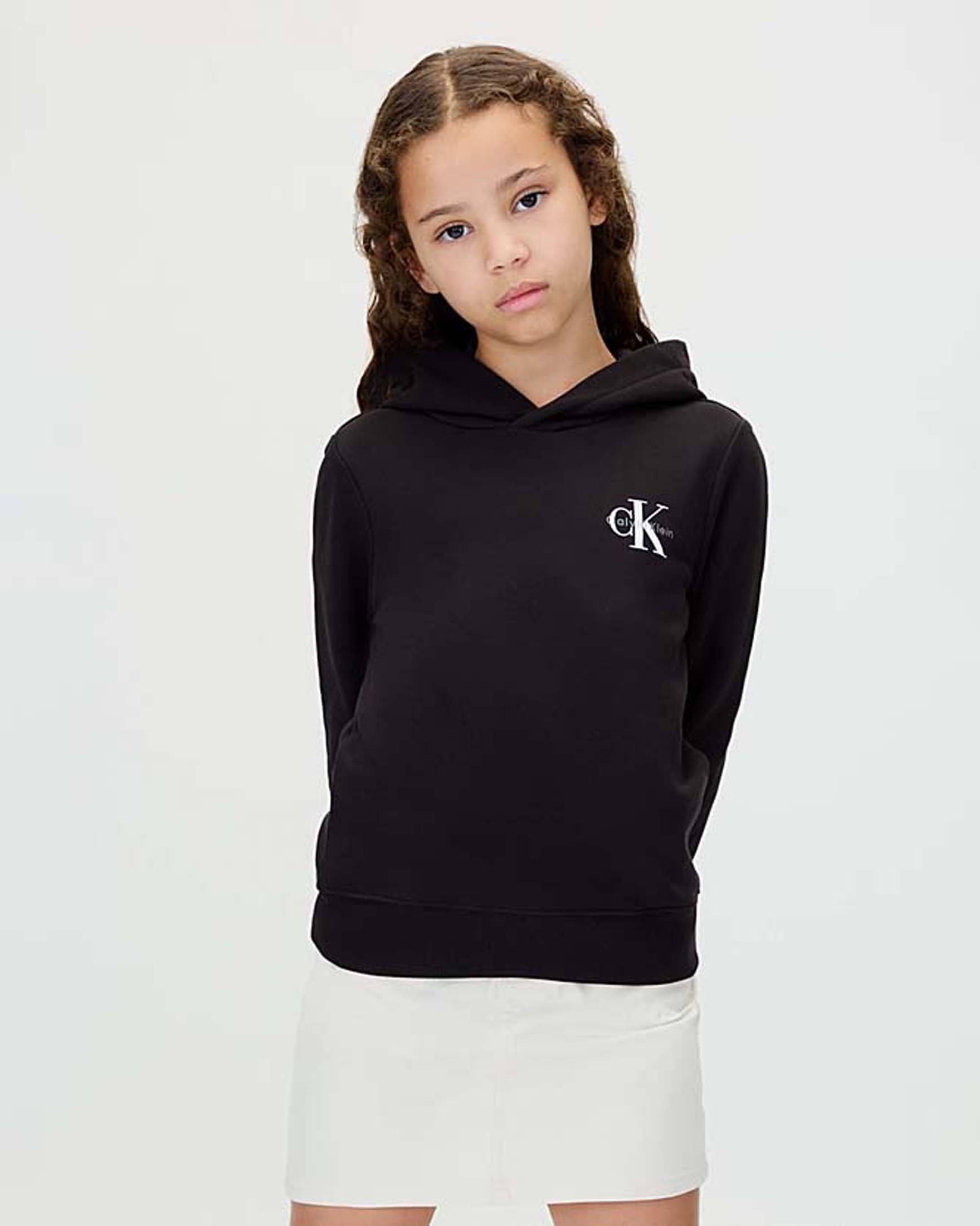 Felpa nera unisex a maniche lunghe con cappuccio e logo bianco