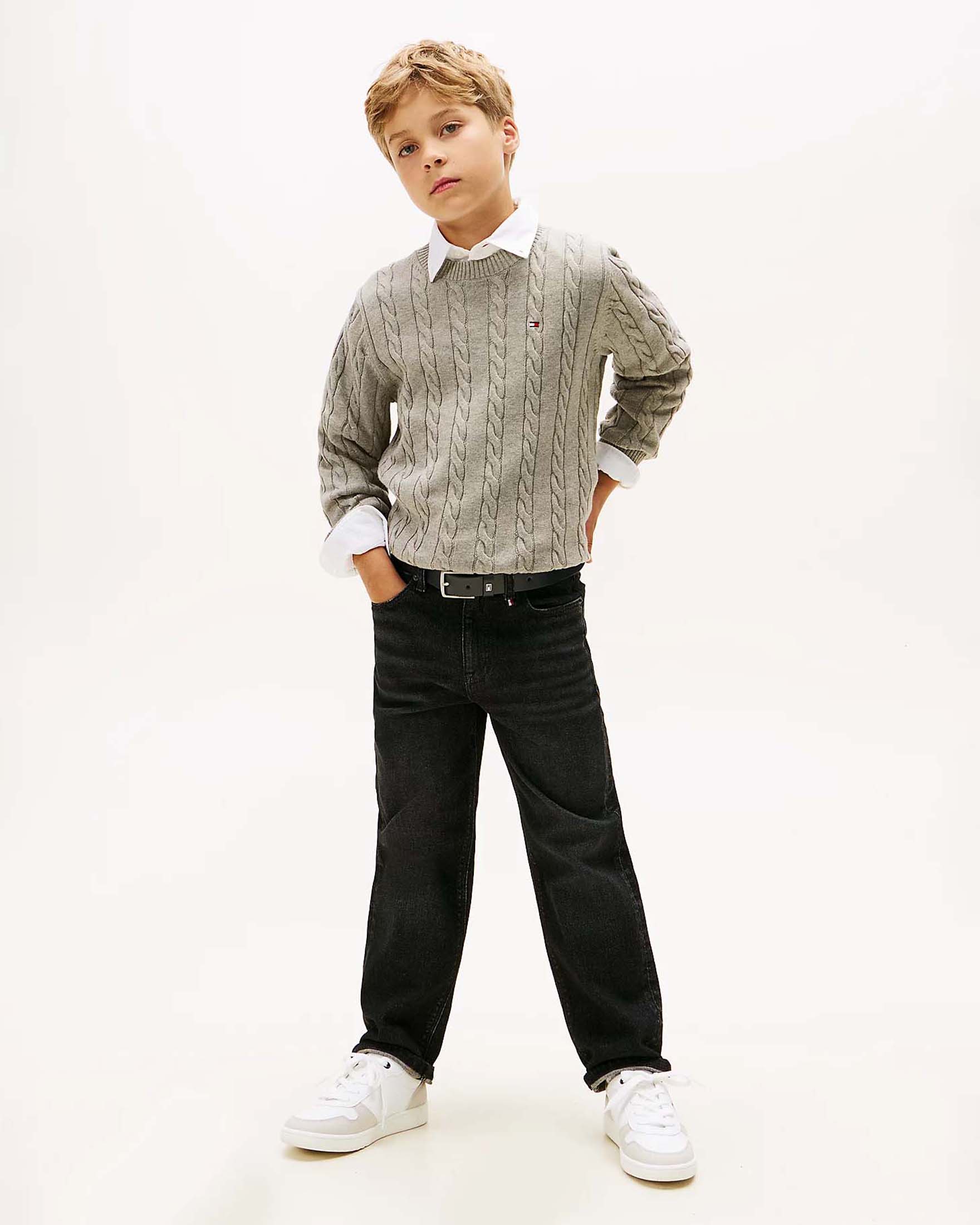 Maglioncino Tommy Hilfiger grigio a trecce in puro cotone