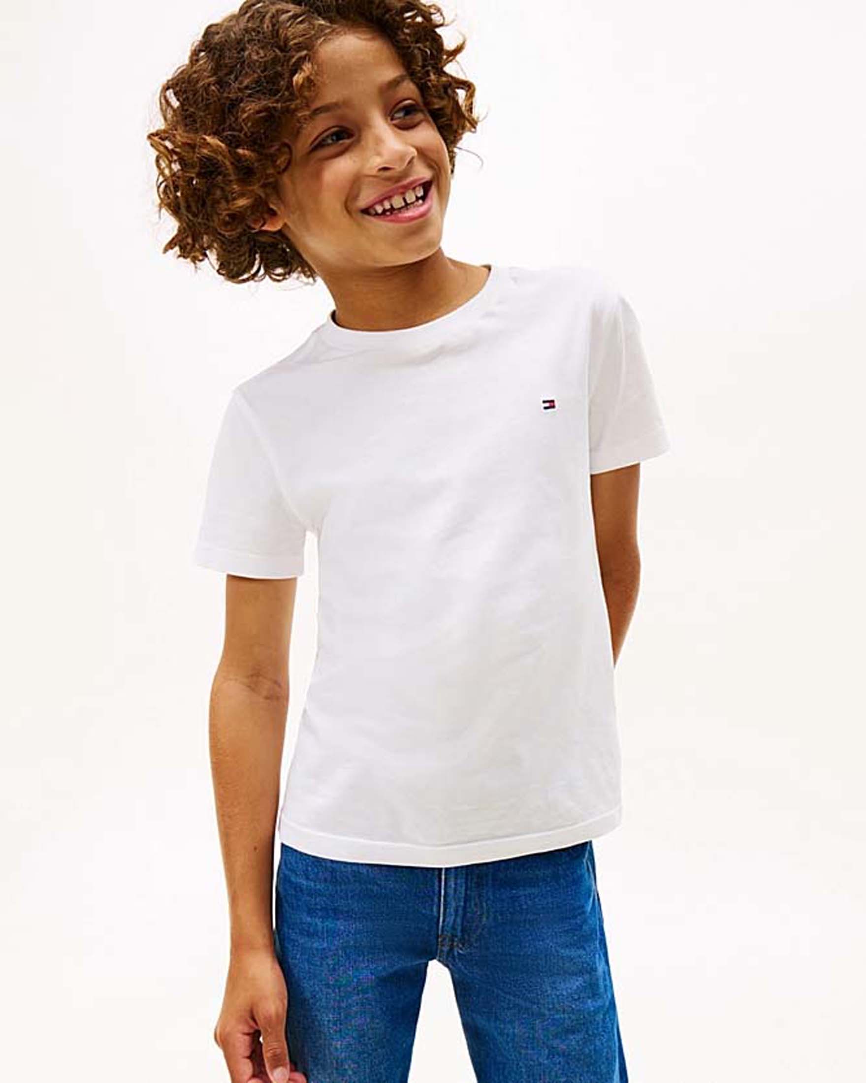 T-shirt bianca in puro cotone con mini bandiera logo