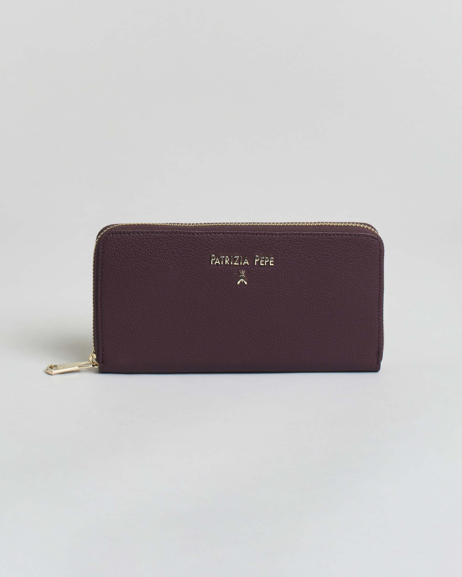 Portafoglio bordeaux in pelle effetto martellato con scritta logo e cerniera