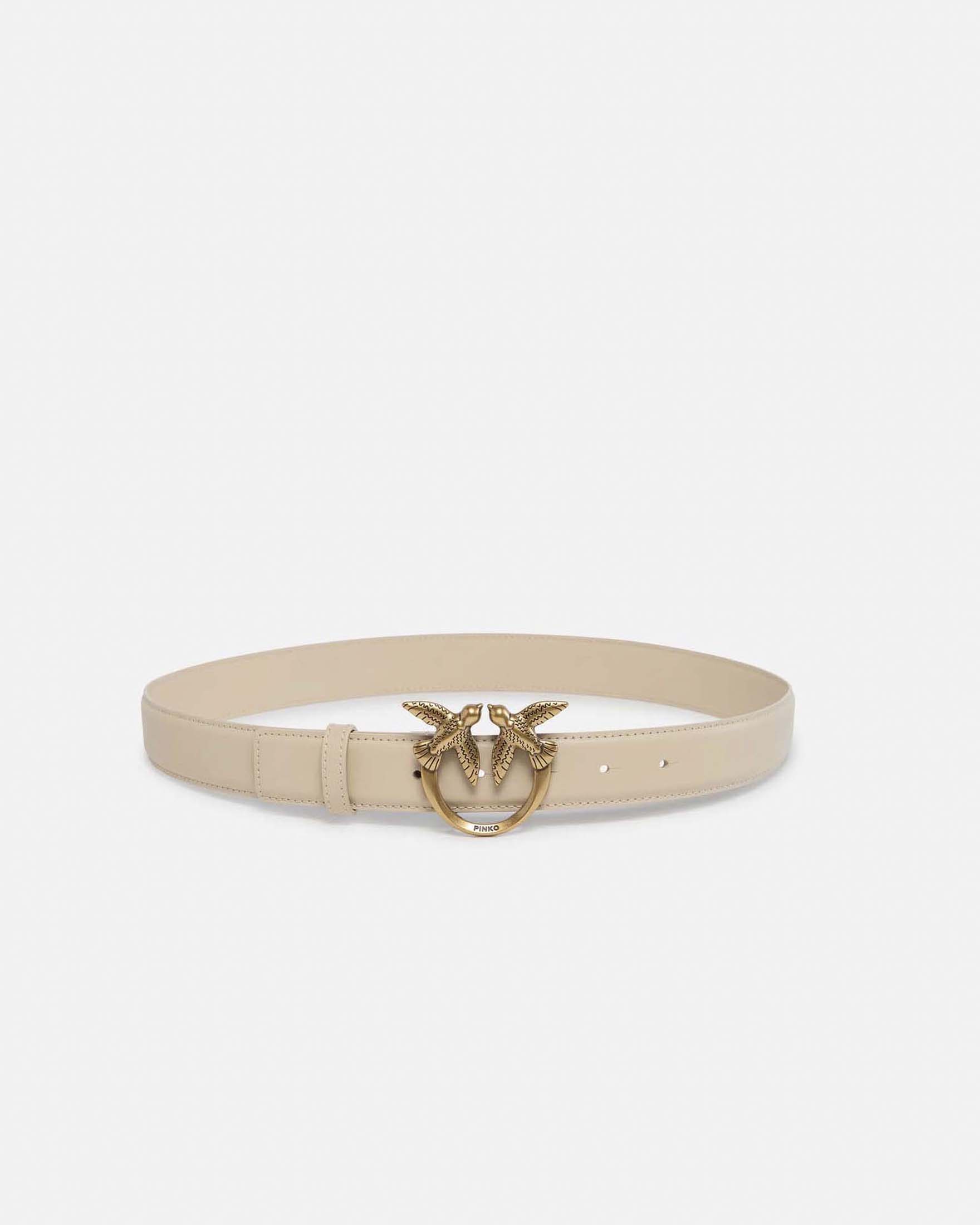 Cintura alta in pelle liscia beige con fibbia Love Birds dorata 3cm