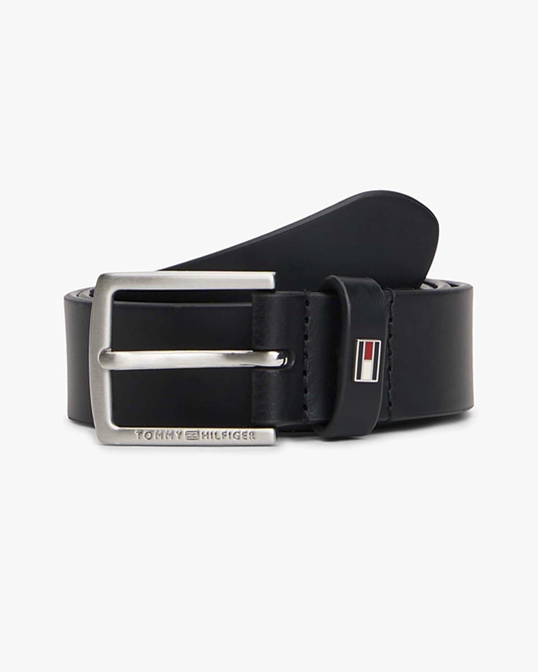 Cintura nera in pelle con fibbia in metallo e mini logo