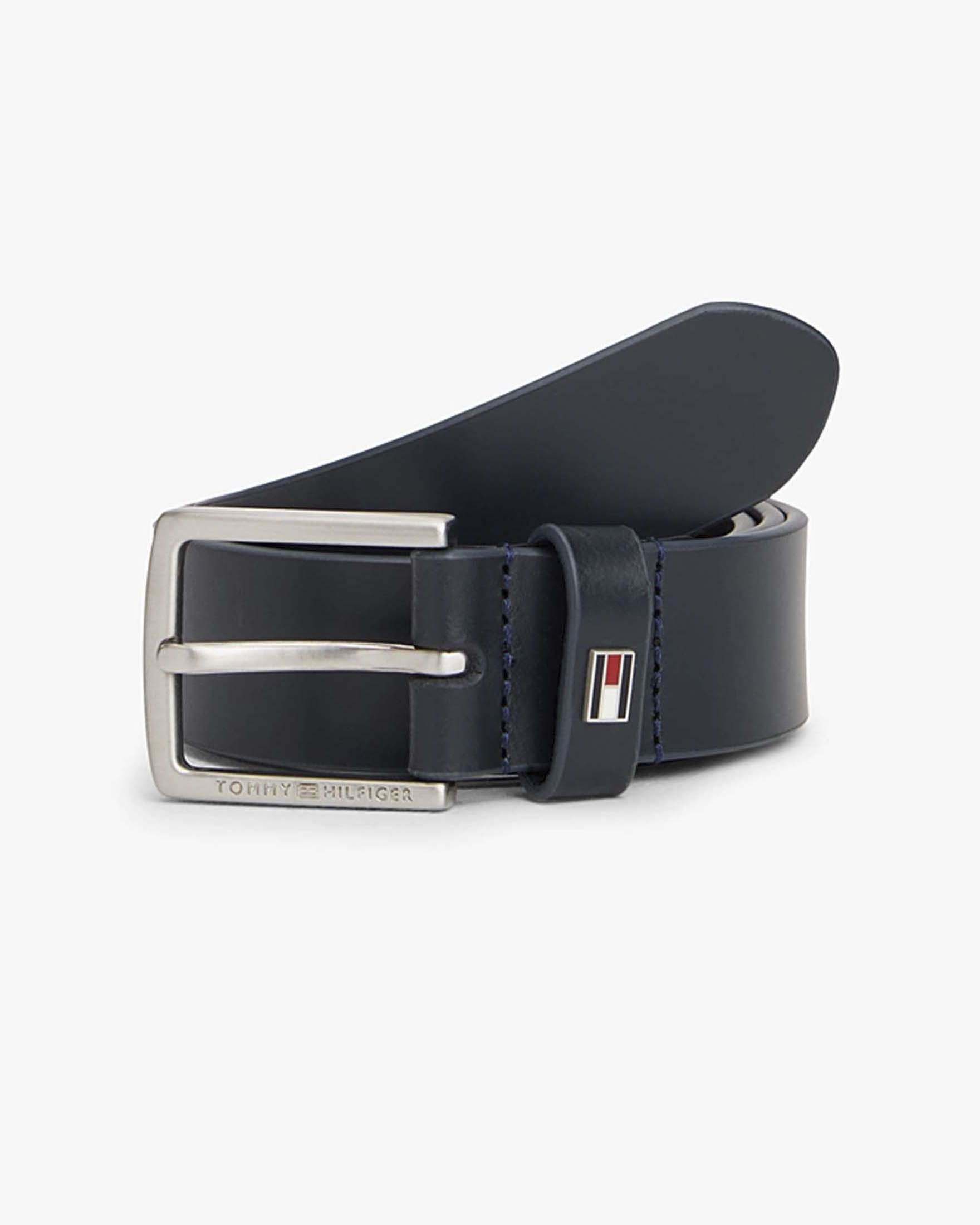 Cintura Tommy Hilfiger blu in pelle con fibbia in metallo e mini logo