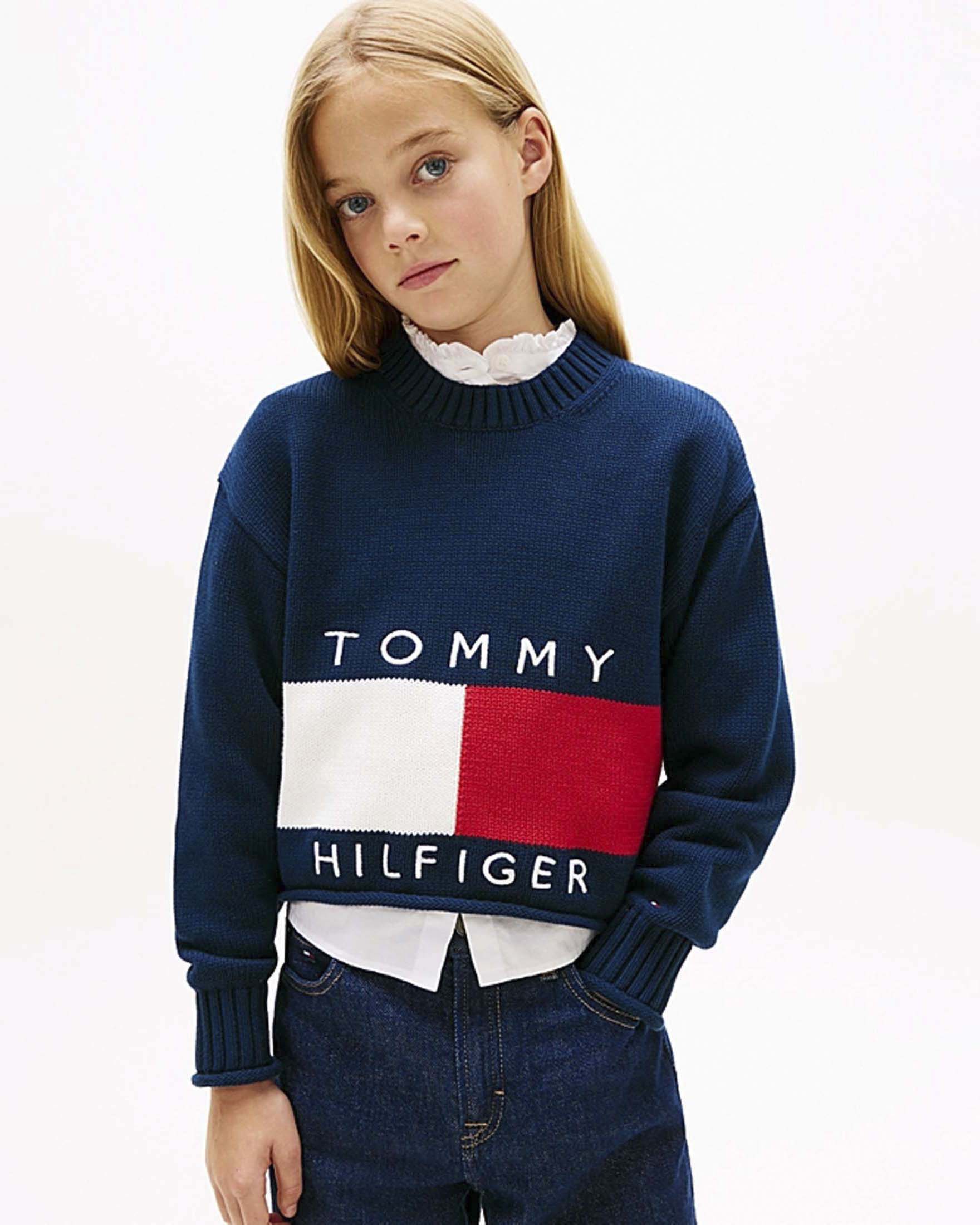 Pullover Tommy Hilfiger blu in maglia di puro cotone con bandiera logo icon