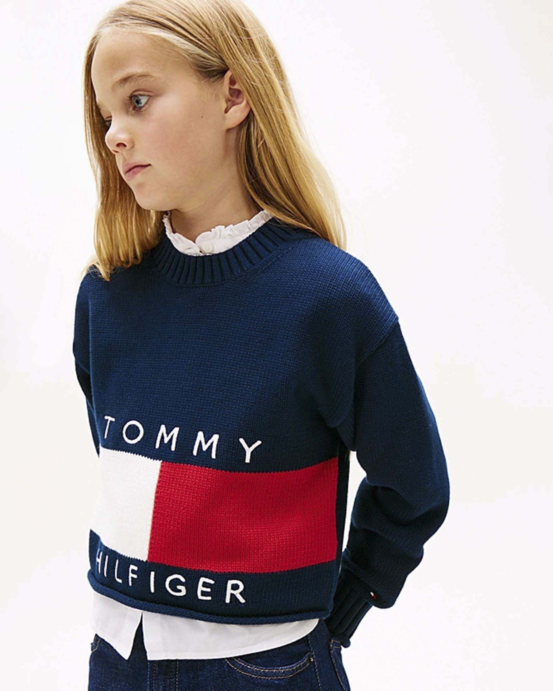 Pullover Tommy Hilfiger blu in maglia di puro cotone con bandiera logo icon image