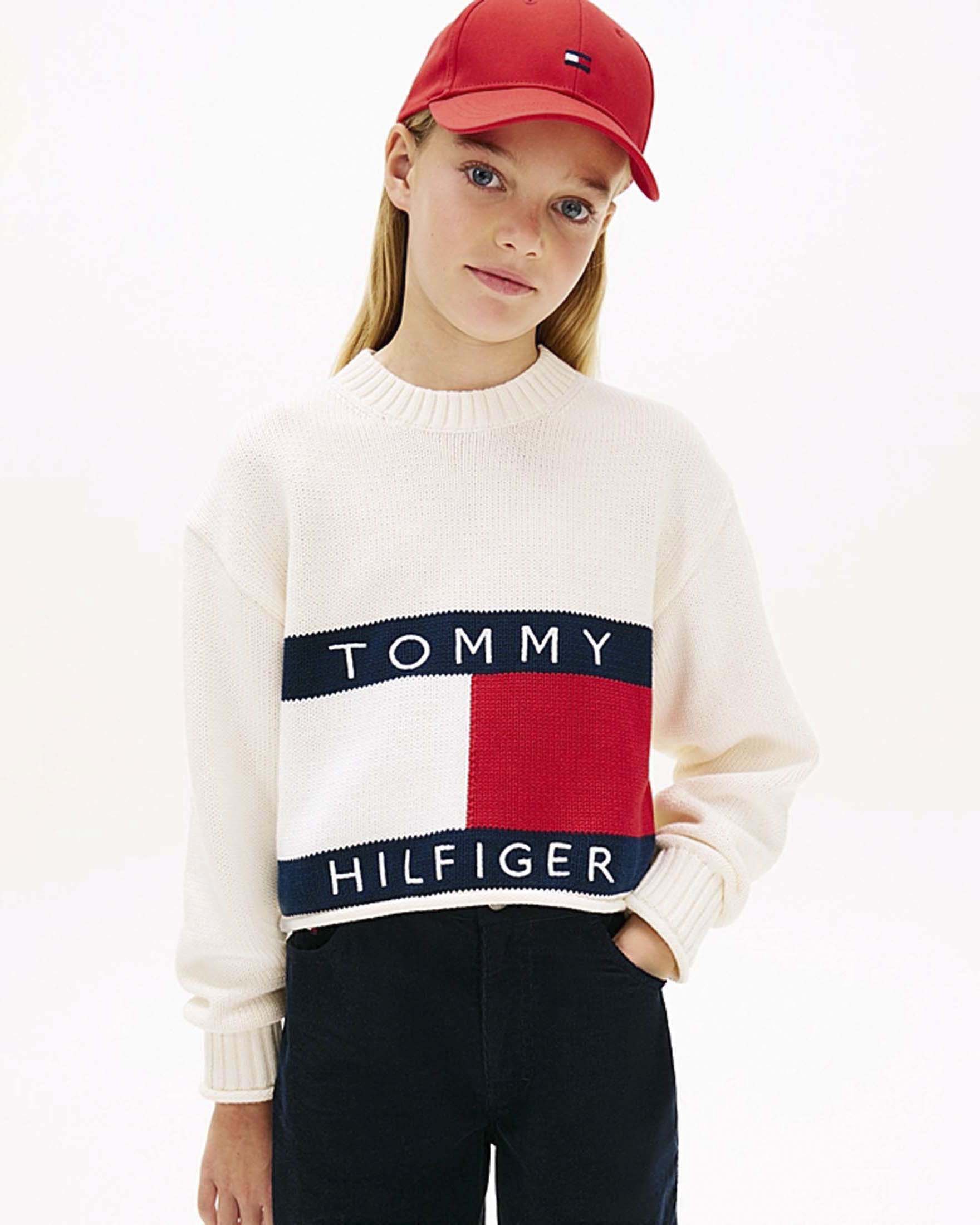 Pullover Tommy Hilfiger avorio in maglia di puro cotone con bandiera logo icon