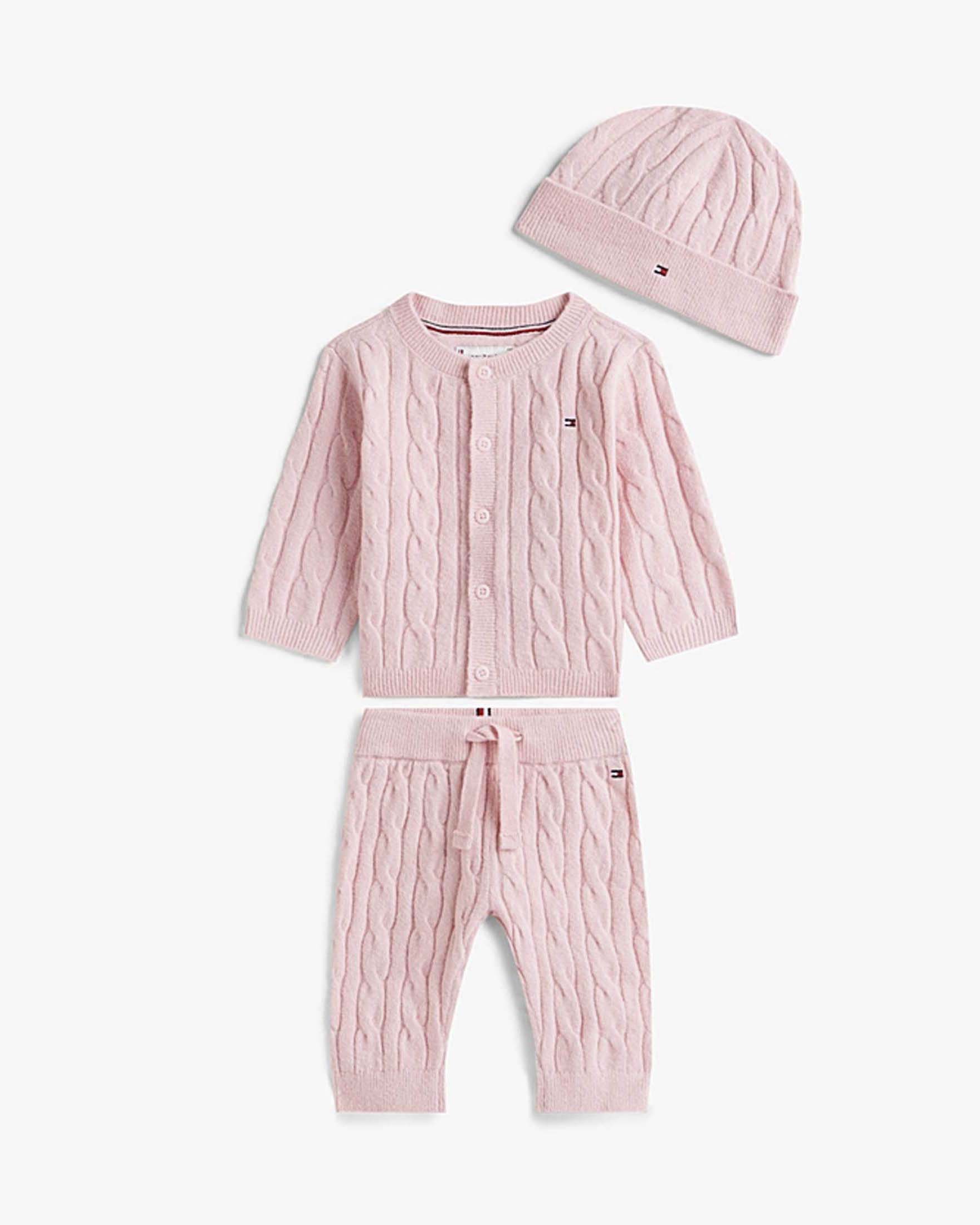 Completo Tommy Hilfiger rosa in maglia di cotone a trecce con berretto