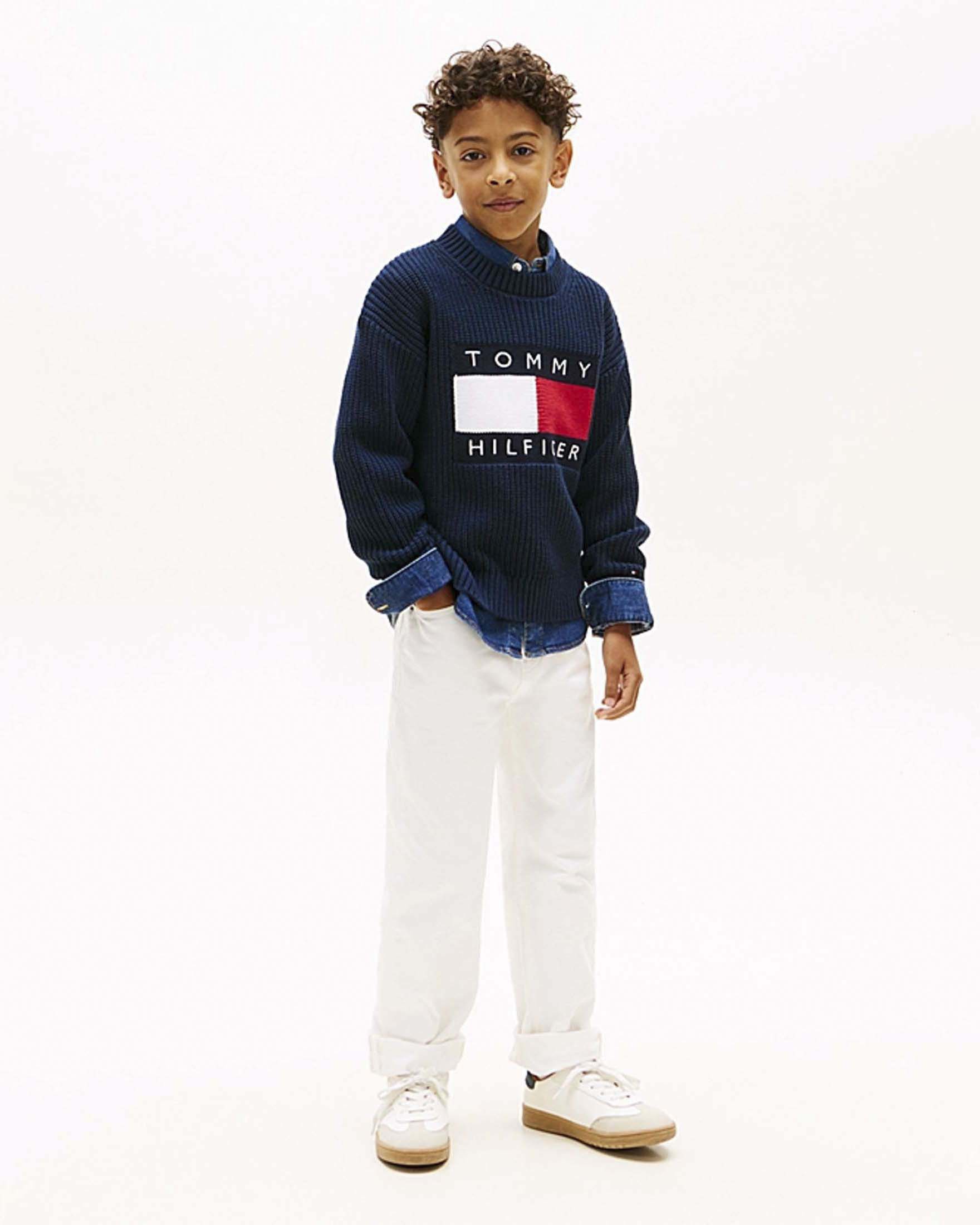 Pullover blu in maglia di misto cotone con bandiera logo icon