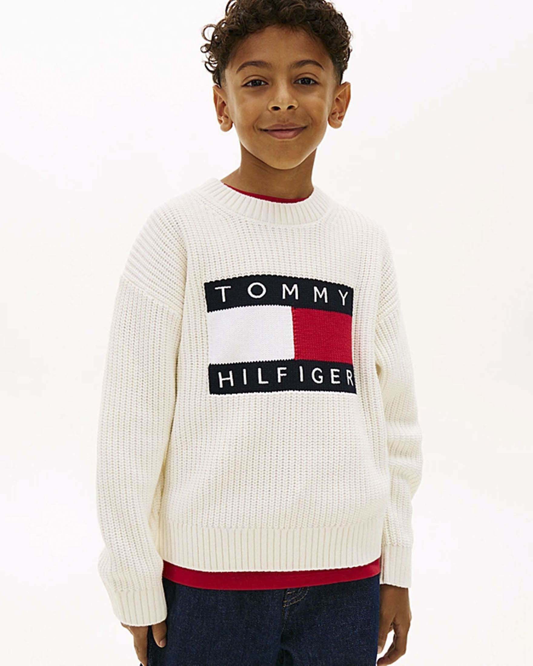 Pullover Tommy Hilfiger avorio in maglia di misto cotone con bandiera logo icon