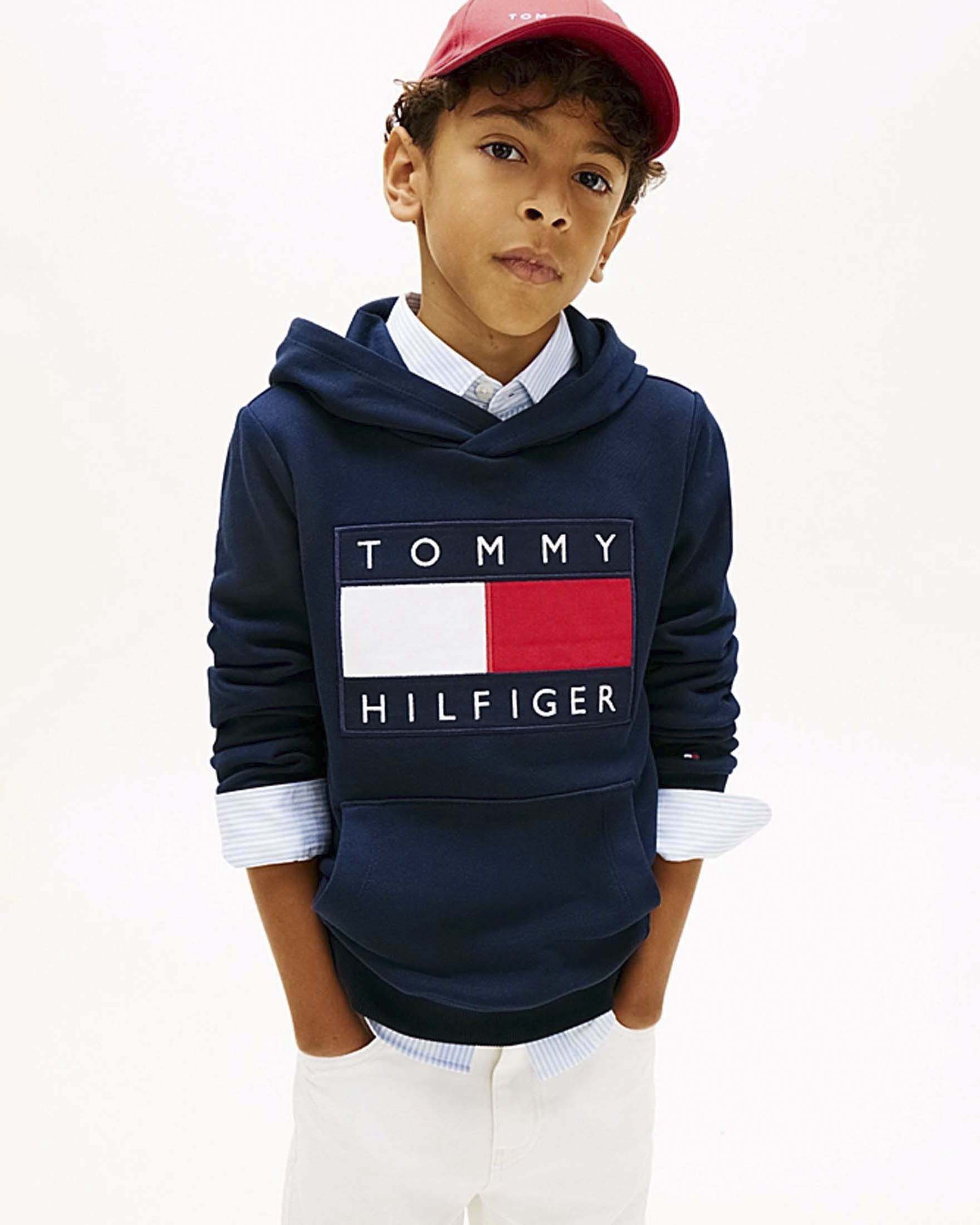Felpa Tommy Hilfiger blu a maniche lunghe con cappuccio e bandiera logo