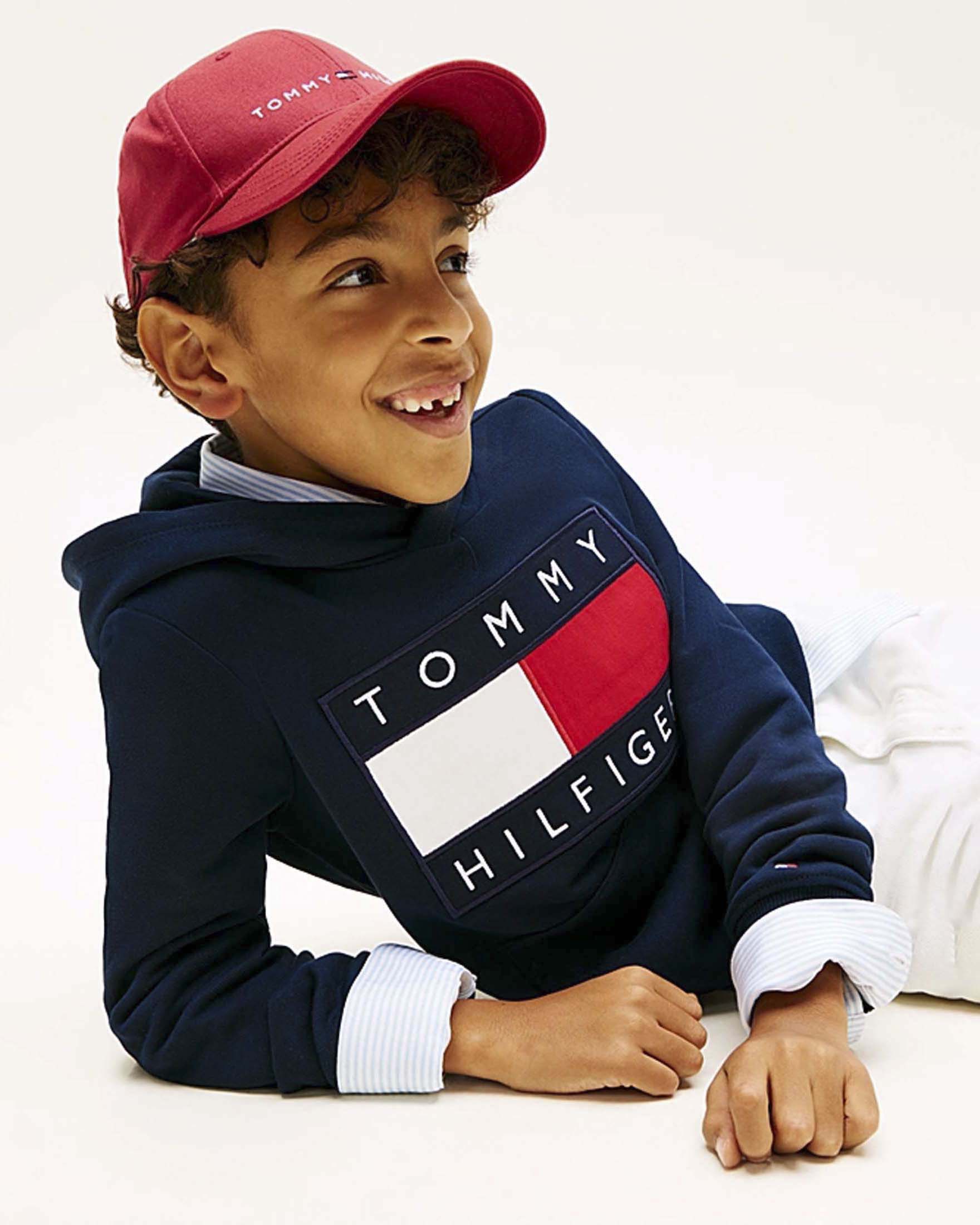 Felpa Tommy Hilfiger blu a maniche lunghe con cappuccio e bandiera logo image