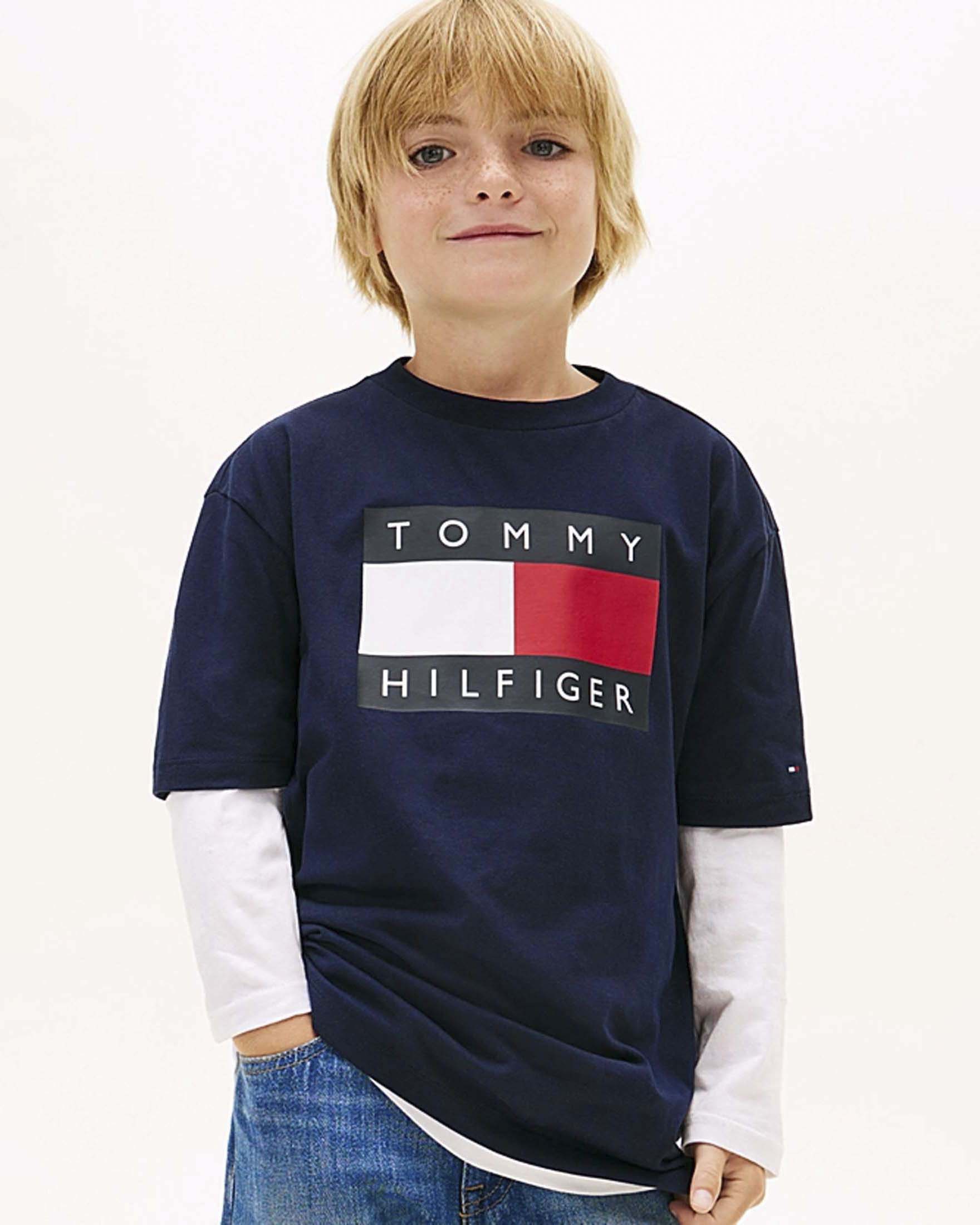 T-shirt blu in puro cotone con bandiera logo icon
