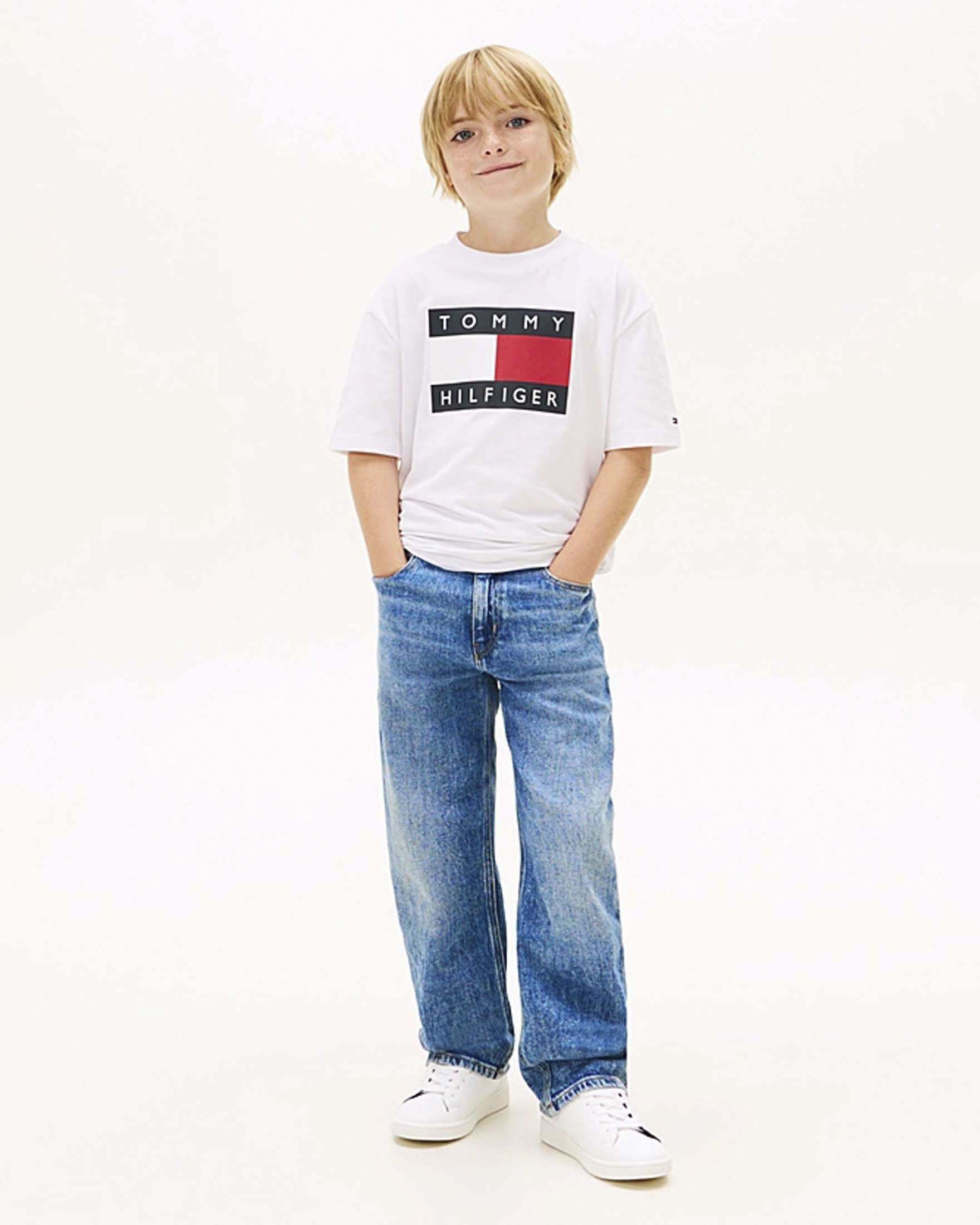T-shirt bianca in puro cotone con bandiera logo icon