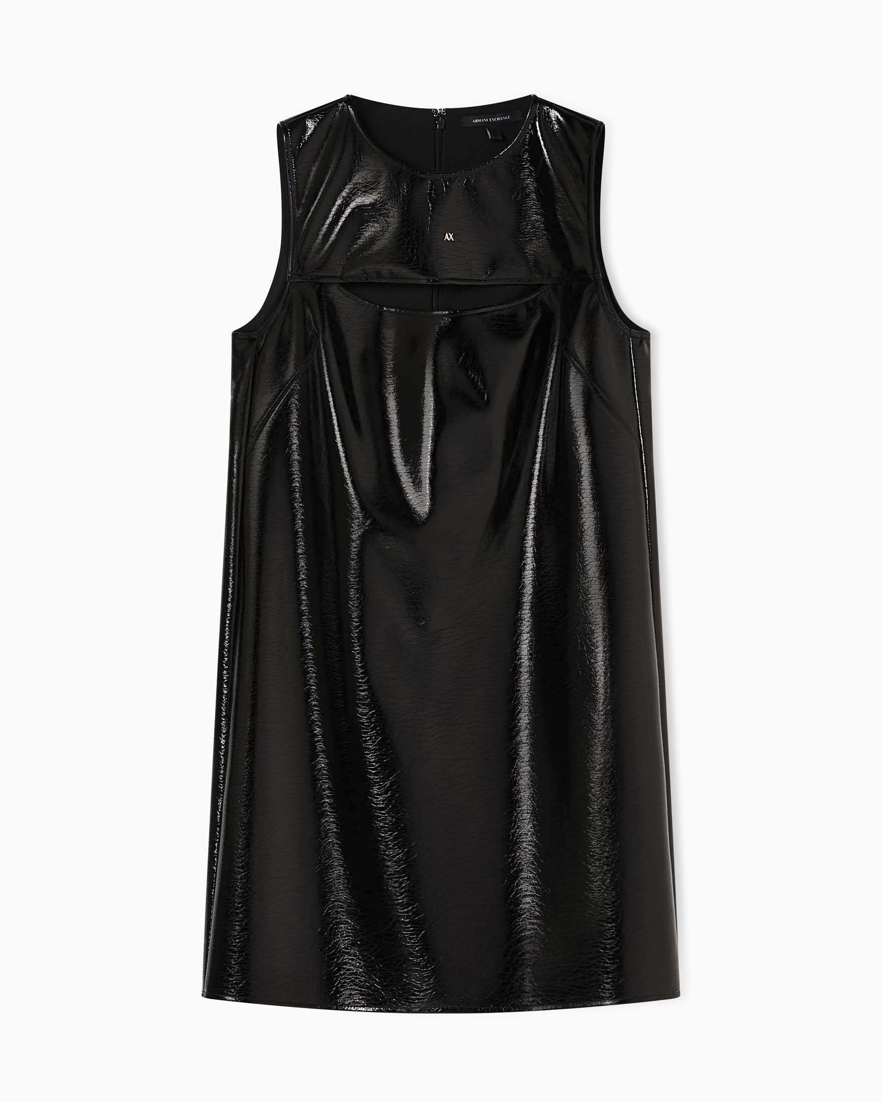 Abito corto Armani Exchange nero in viscosa spalmata con logo metallico applicato