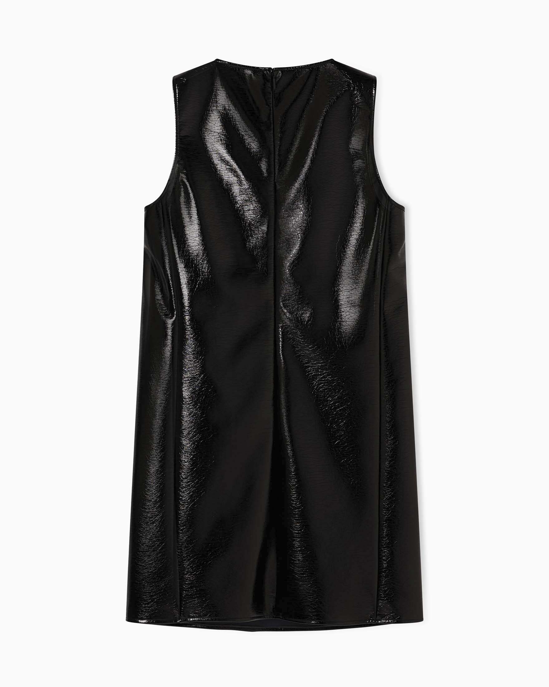 Abito corto Armani Exchange nero in viscosa spalmata con logo metallico applicato image