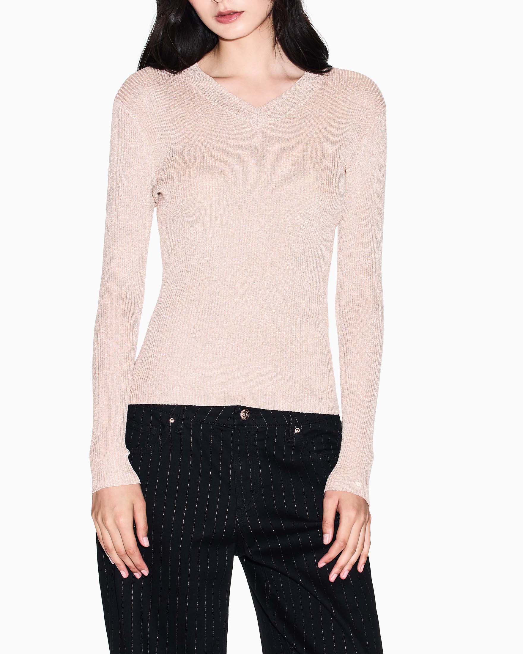 Maglia Armani Exchange rame in misto viscosa con scollo a V e maniche lunghe image