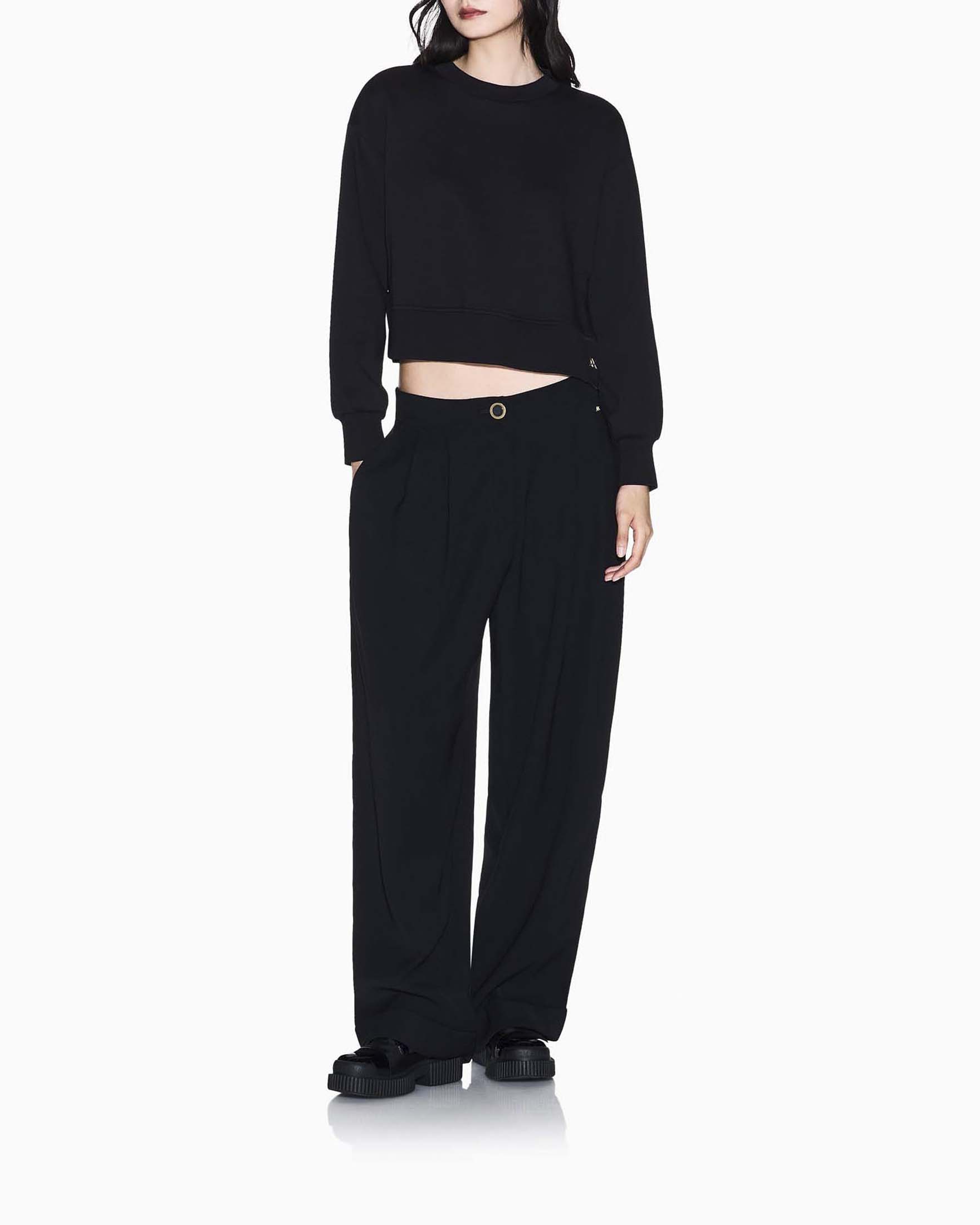 Pantaloni palazzo Armani Exchange neri in tessuto con logo metallico