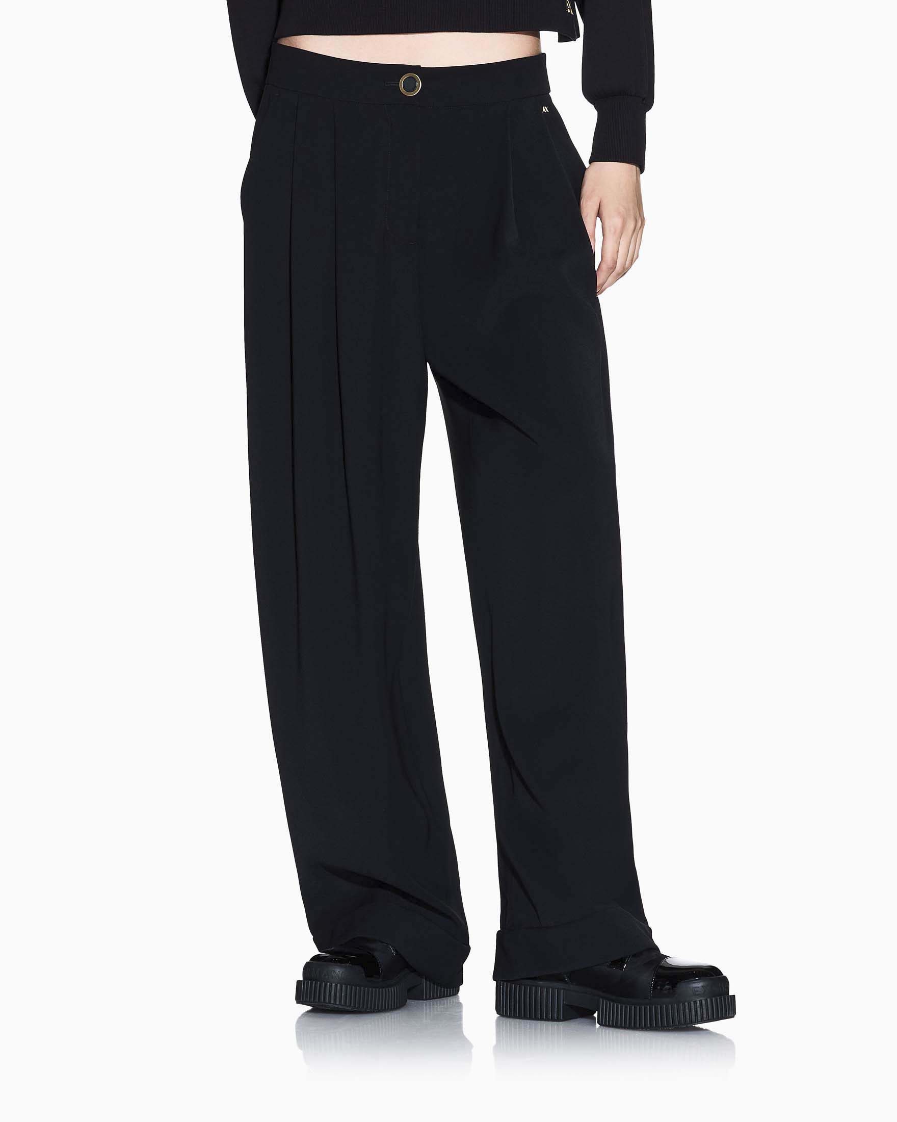 Pantaloni palazzo Armani Exchange neri in tessuto con logo metallico image