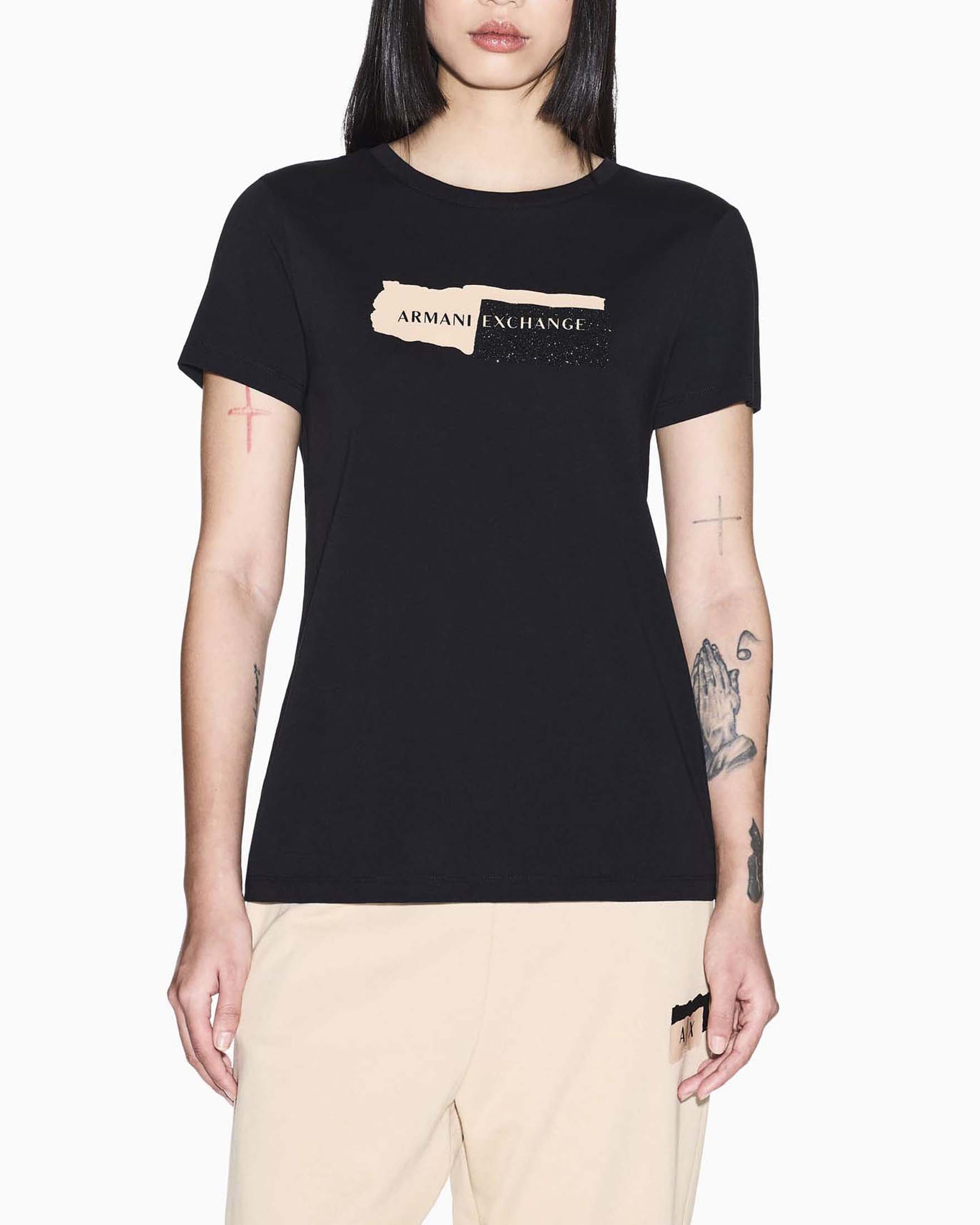 T-shirt maniche corte nera Armani Exchange in cotone con stampa logo glitterata image