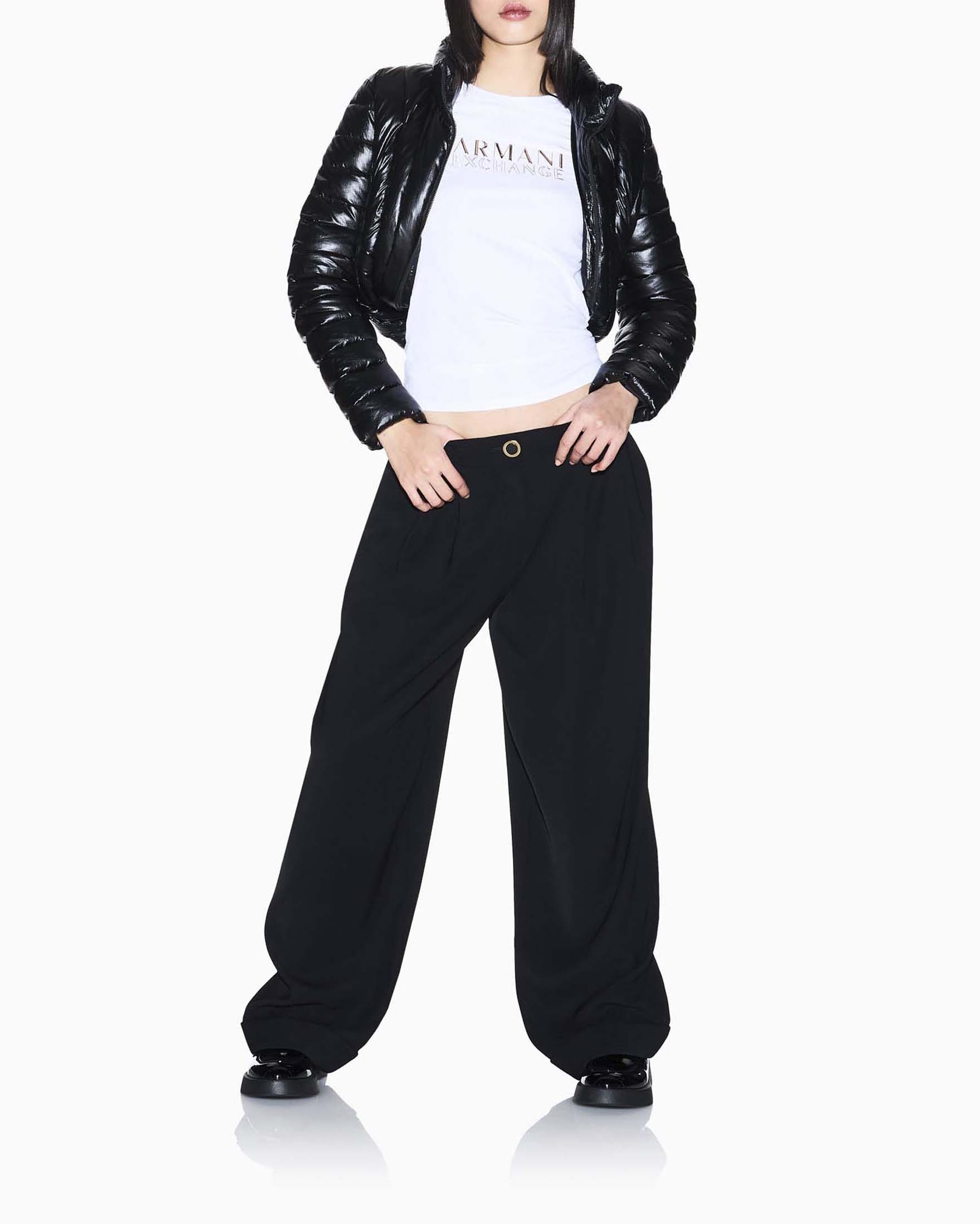 T-shirt maniche corte bianca Armani Exchange in misto cotone con logo stampato metallico