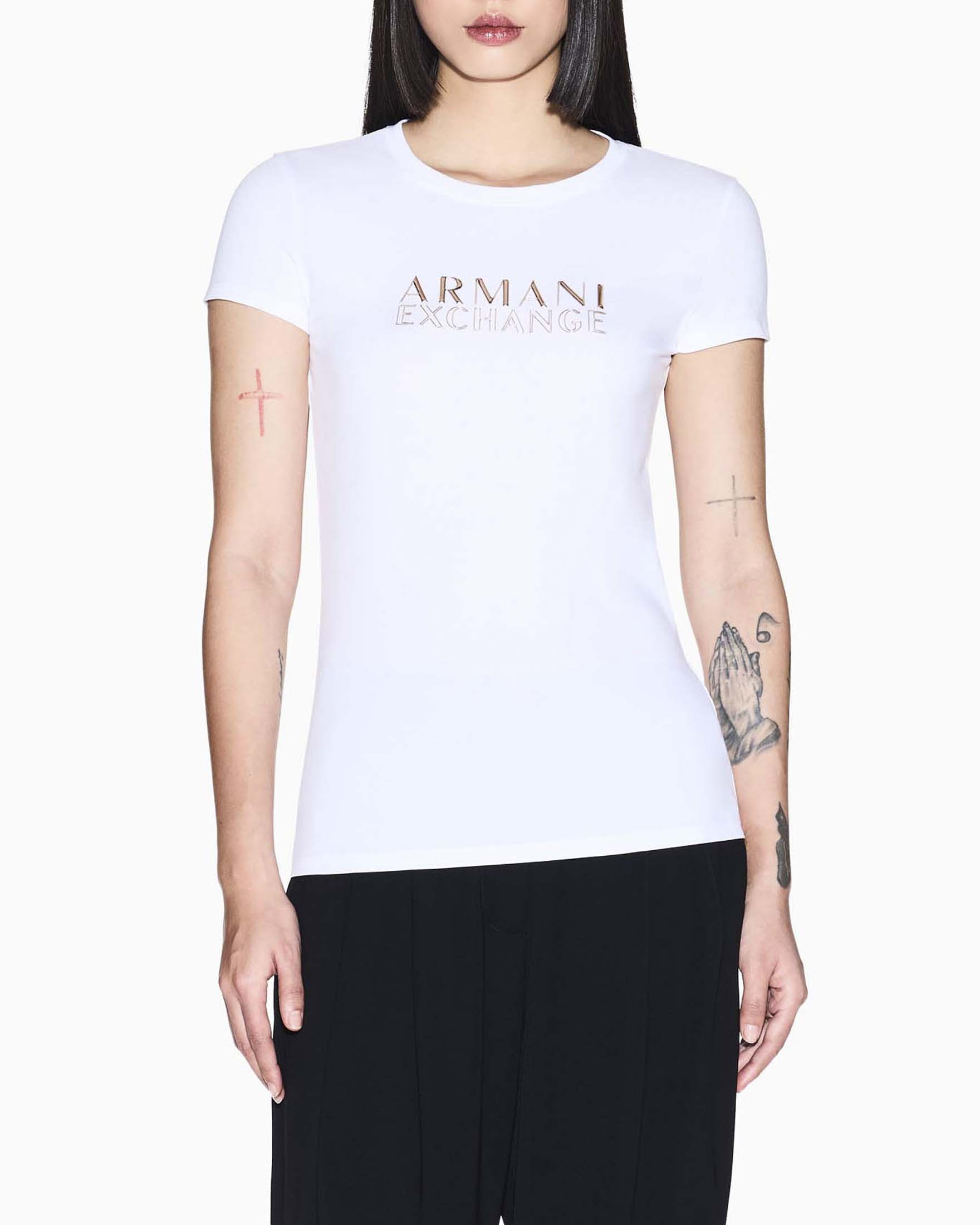 T-shirt maniche corte bianca Armani Exchange in misto cotone con logo stampato metallico image