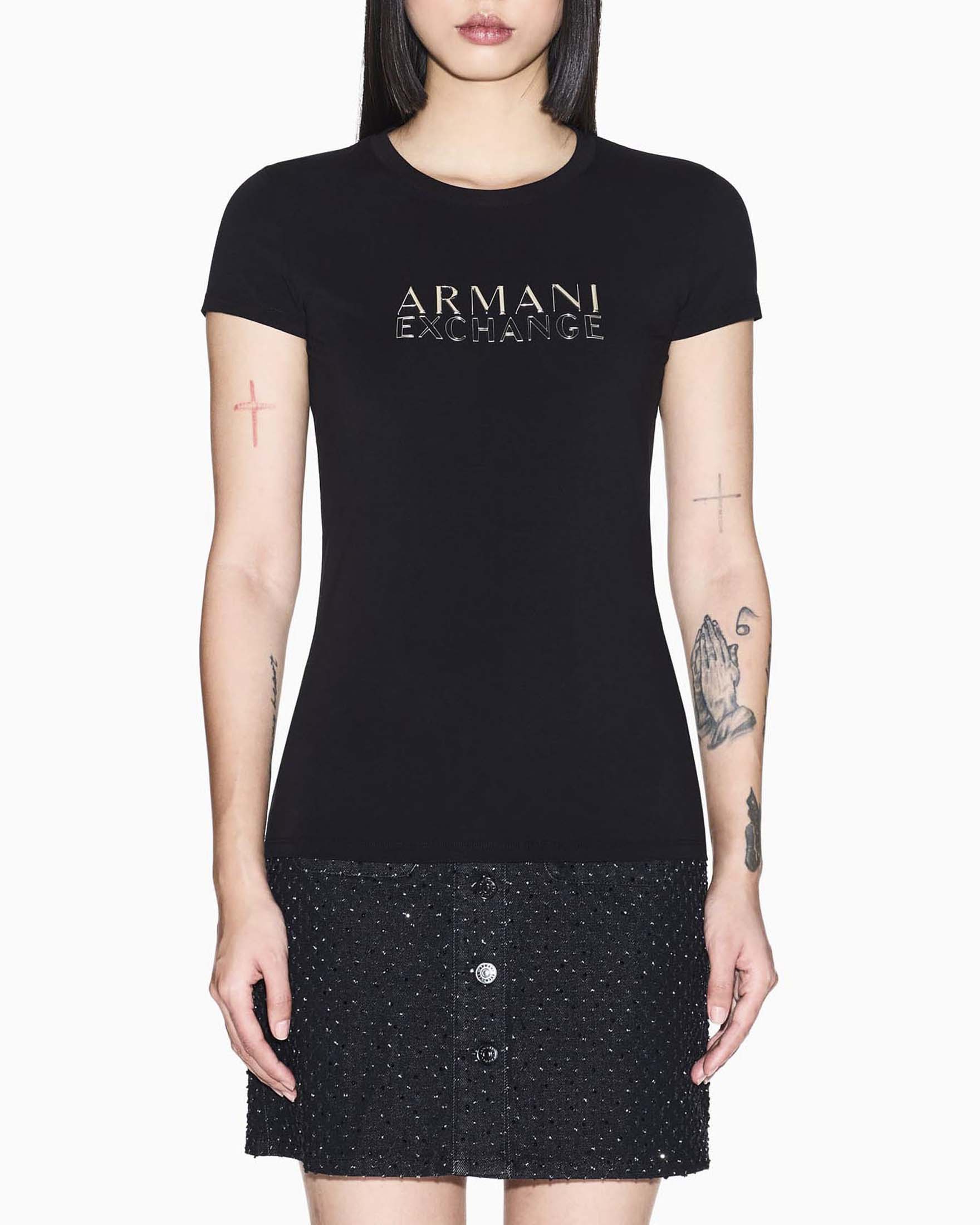 T-shirt maniche corte nera Armani Exchange in misto cotone con logo stampato metallico image