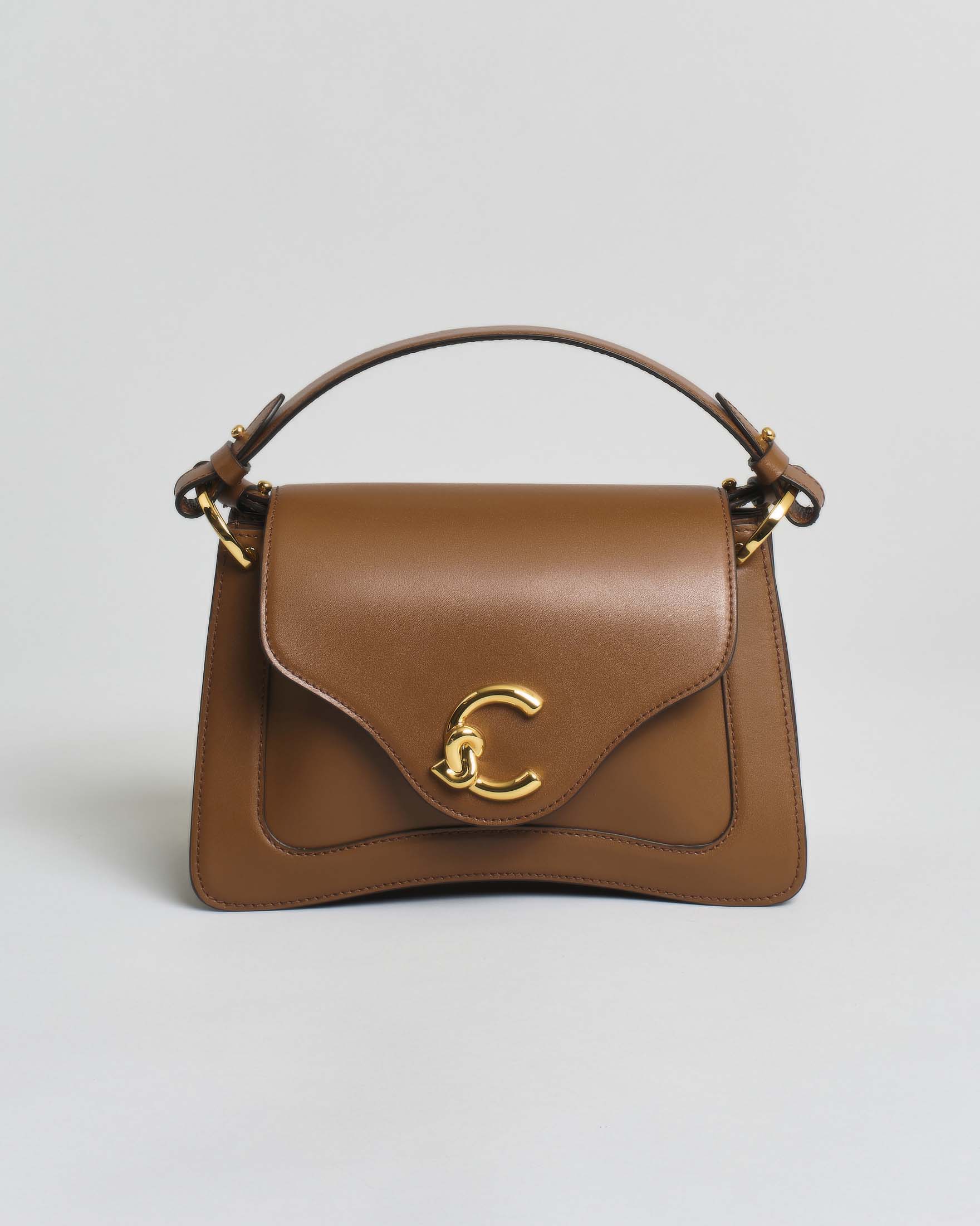 Borsa C-ME Small a mano color cuoio in pelle liscia con manici removibili
