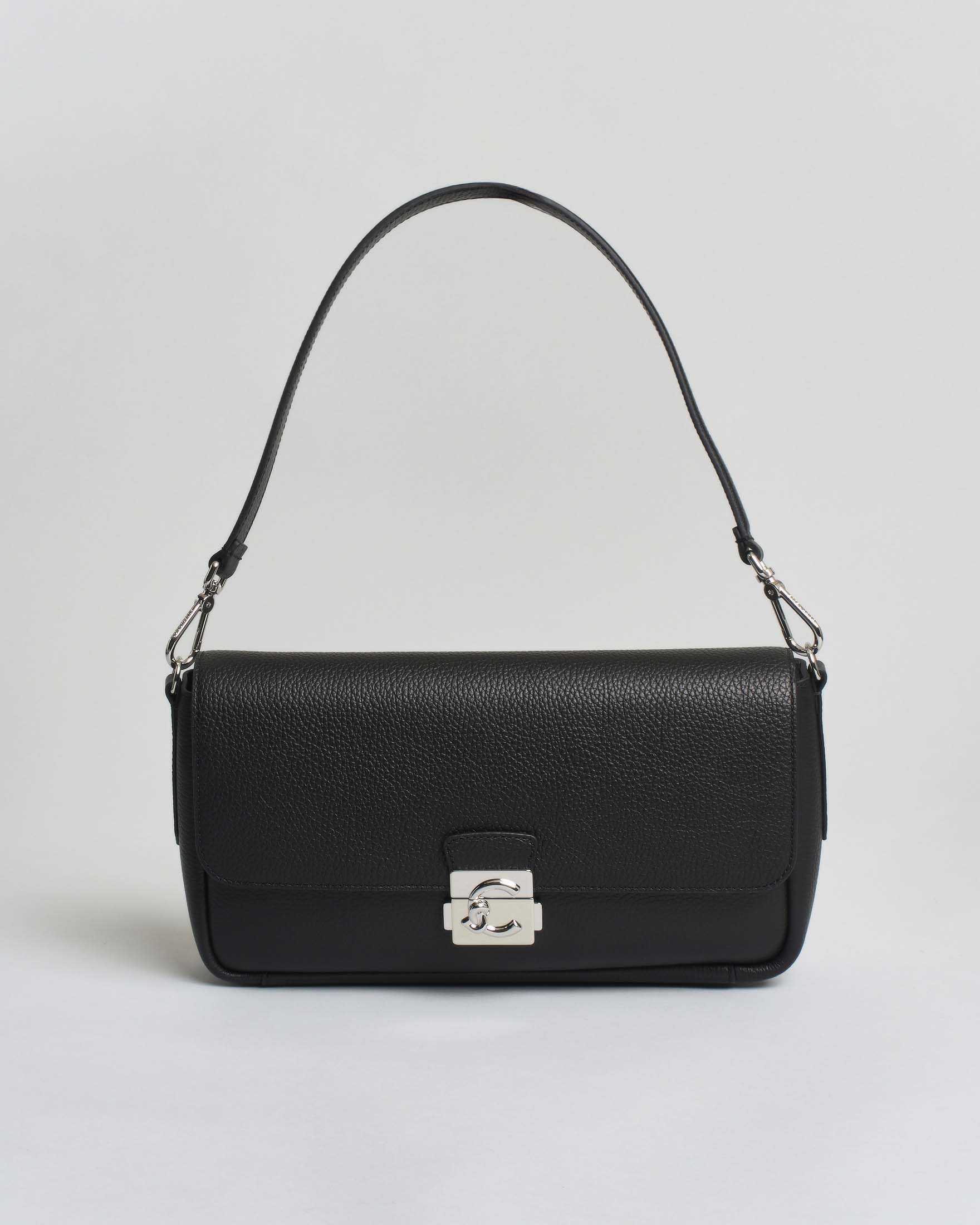 Borsa C-Me Lock Large in pelle nera bottalata con logo C-Me argentato