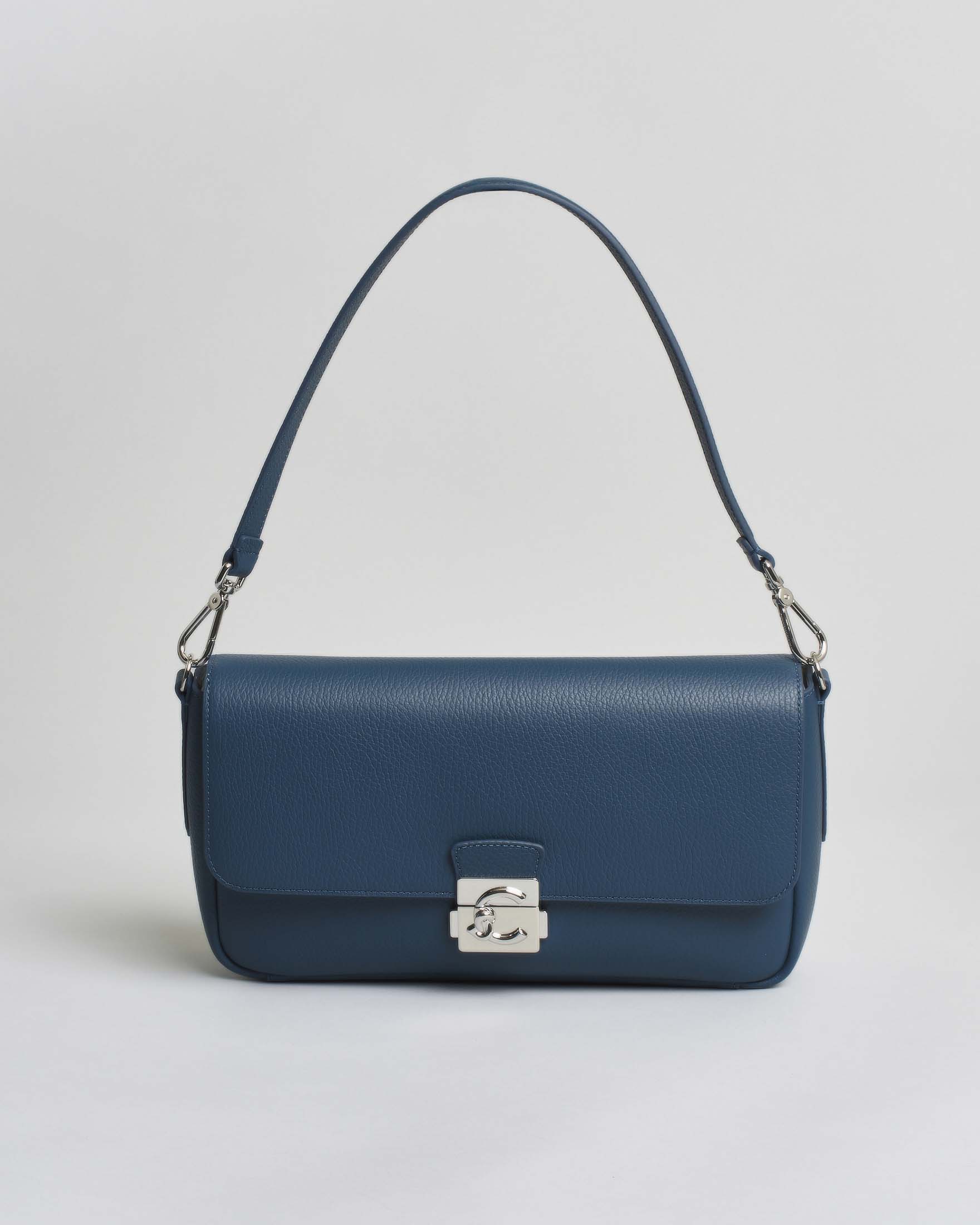 Borsa C-Me Lock Large in pelle color ottanio bottalata con logo C-Me argentato