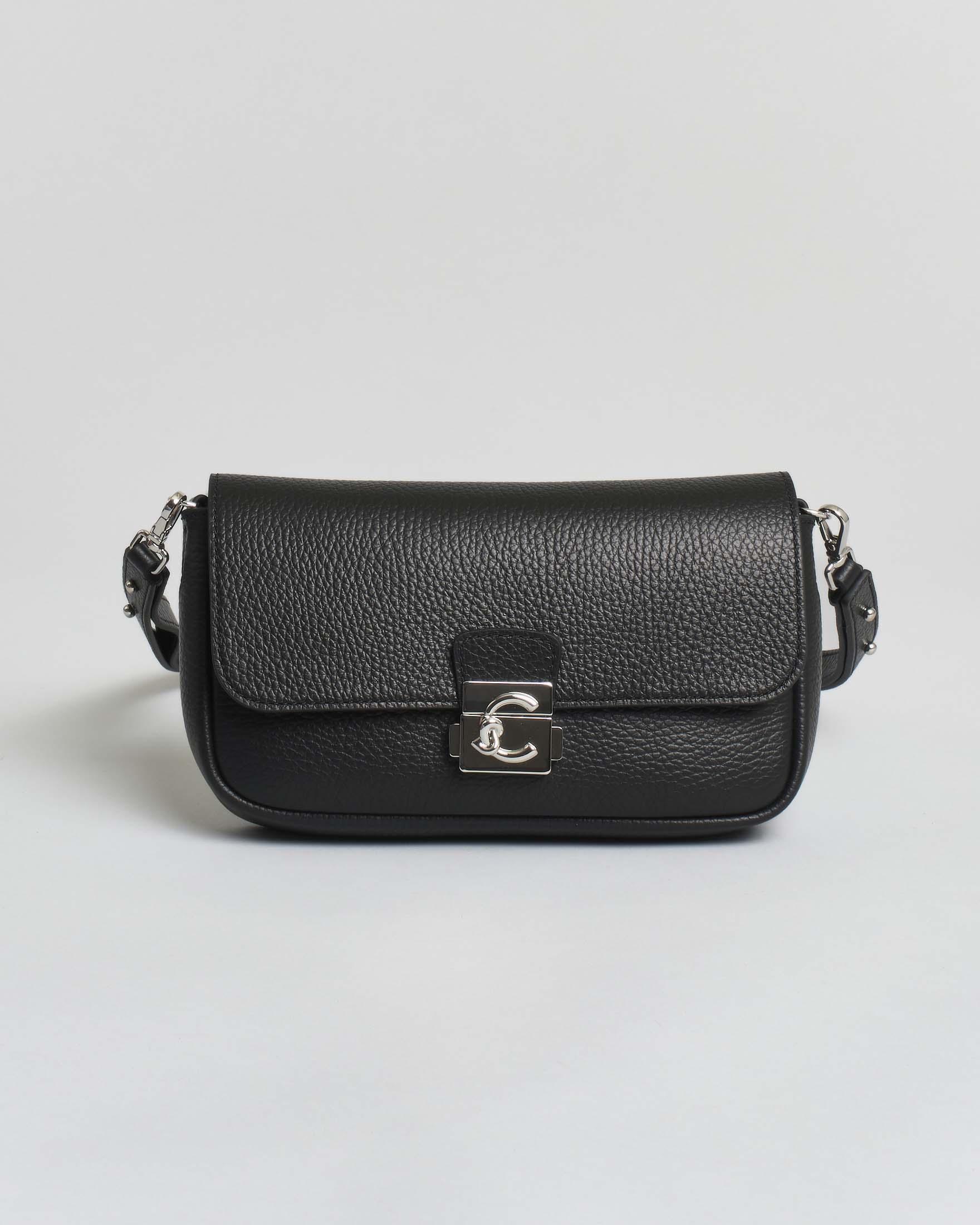 Borsa C-Me Lock Mini in pelle nera bottalata con logo C-Me argentato