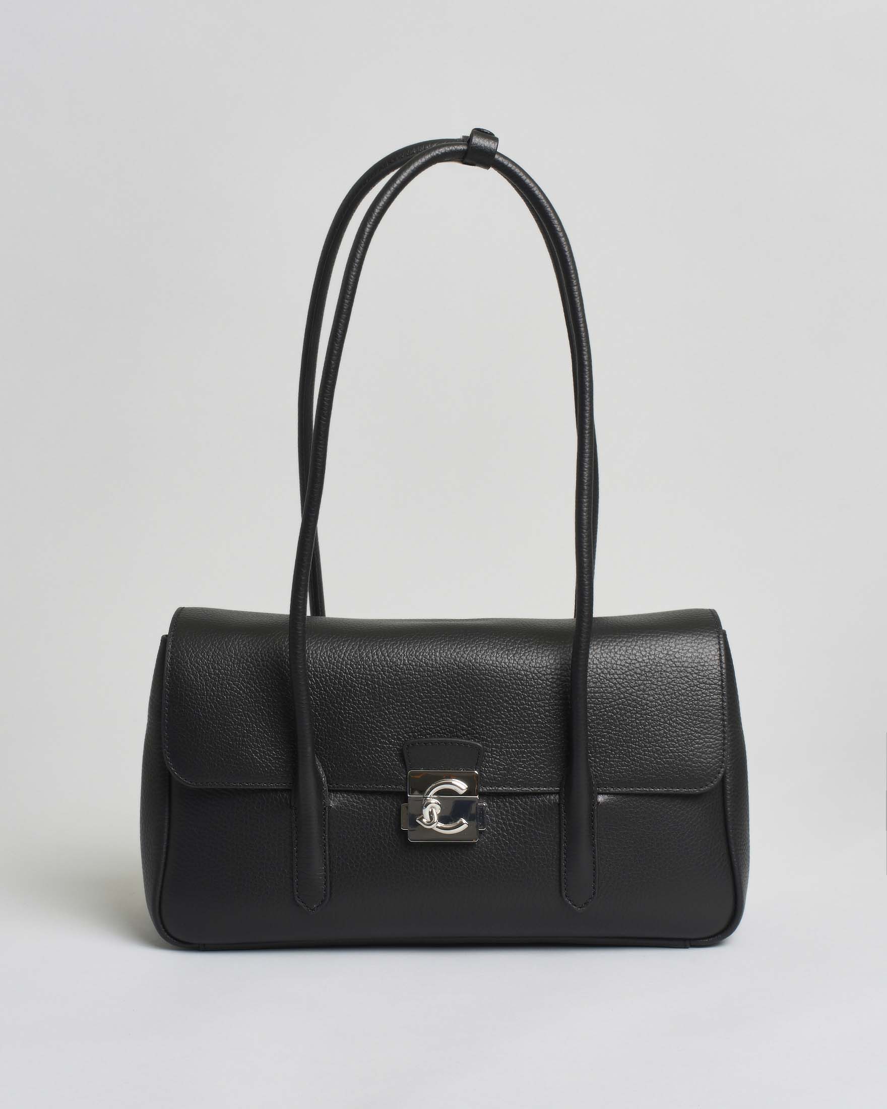 Borsa C-Me Lock in pelle martellata nera con logo C-Me argentato e manici lunghi