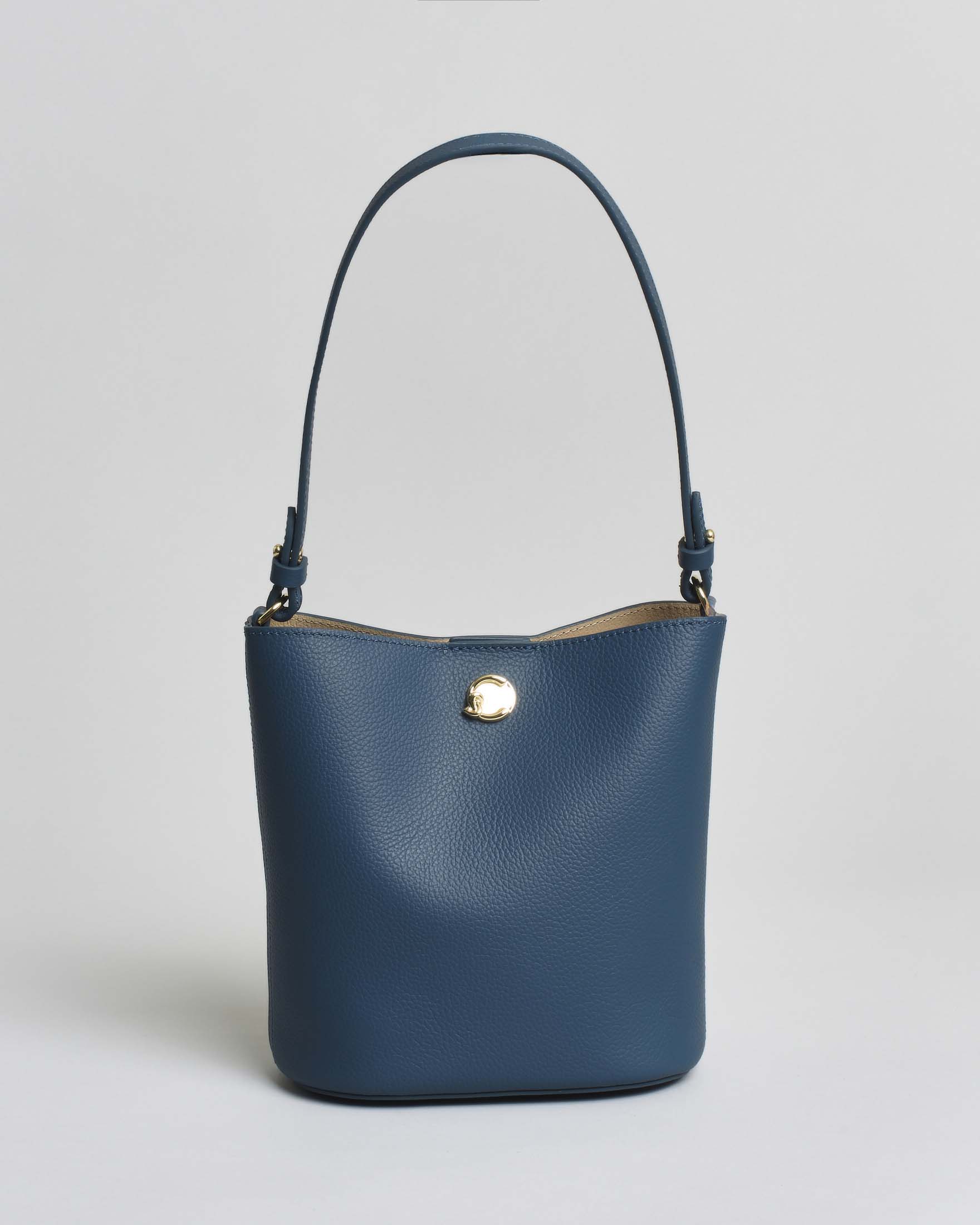 Borsa a secchiello Coccinelle Nikla Small in pelle martellata ottanio con manico e tracolla removibili