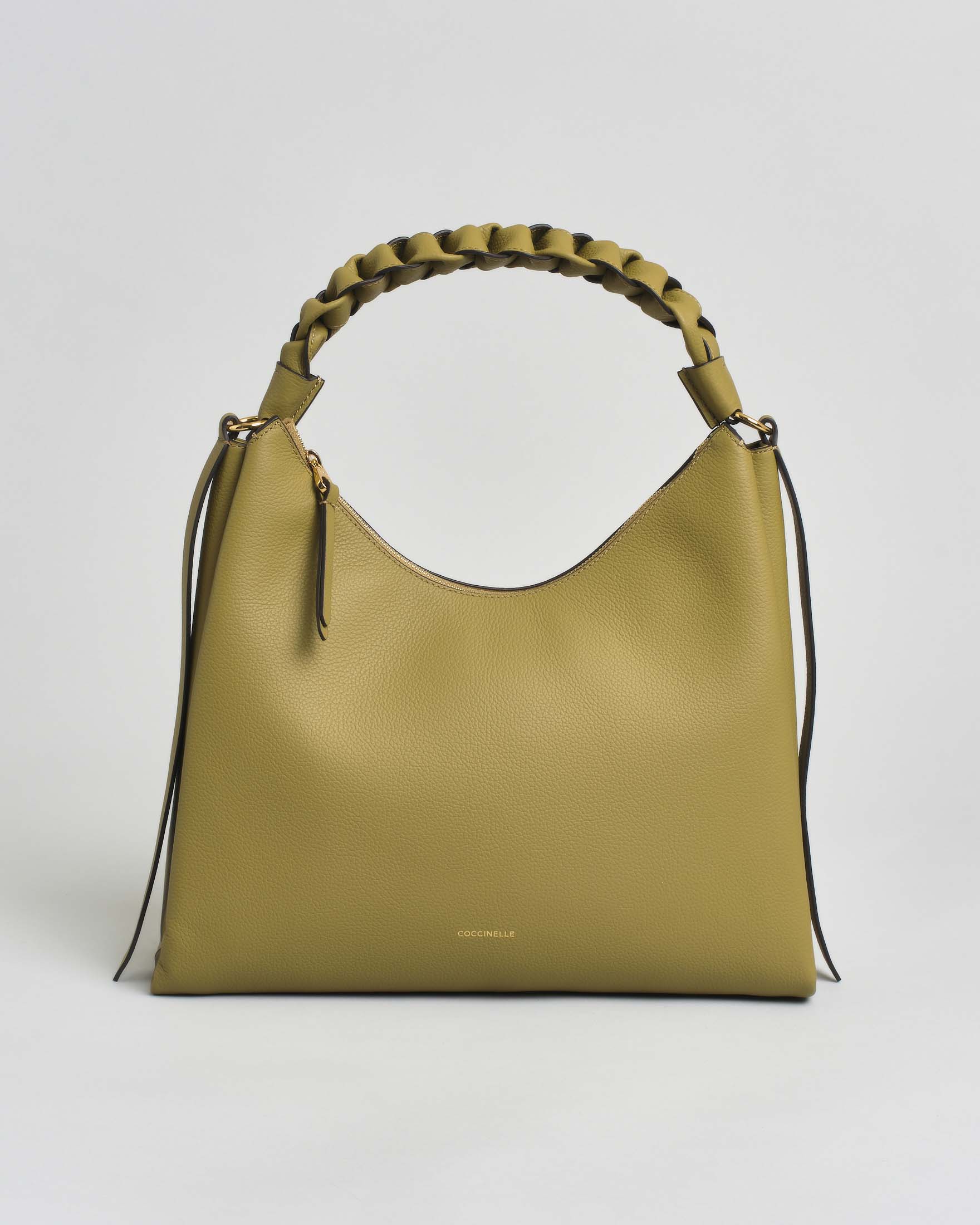 Borsa a spalla Boheme Medium Hobo Coccinelle in pelle martellata verde oliva e manico intrecciato