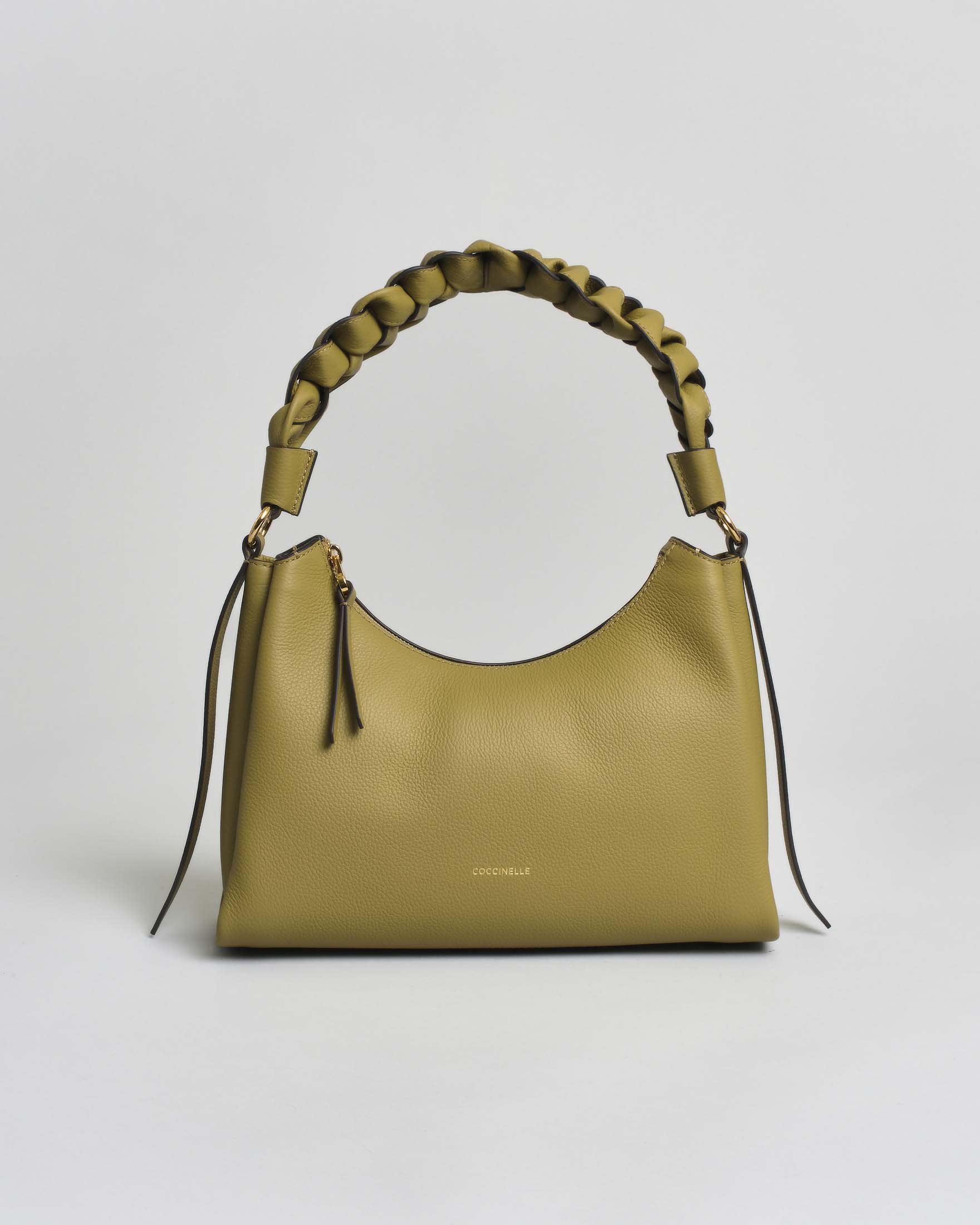 Borsa a spalla Coccinelle Boheme Small Hobo verde oliva in pelle double con manico intrecciato