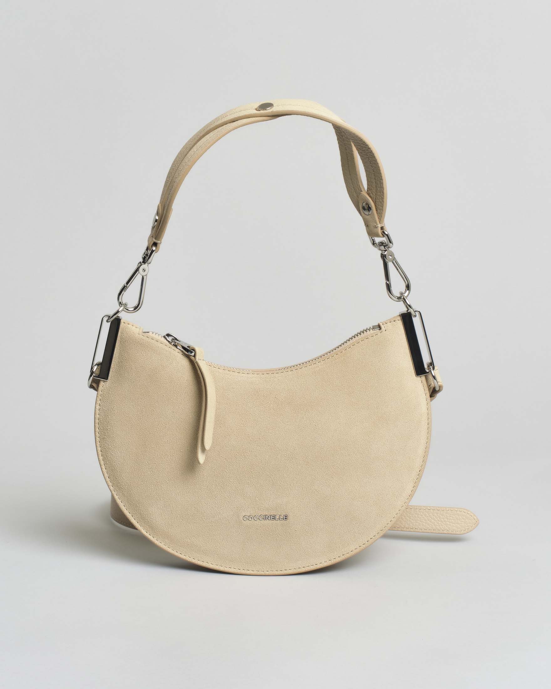 Borsa a spalla Sunup Small in pelle scamosciata beige con manico e tracolla removibili