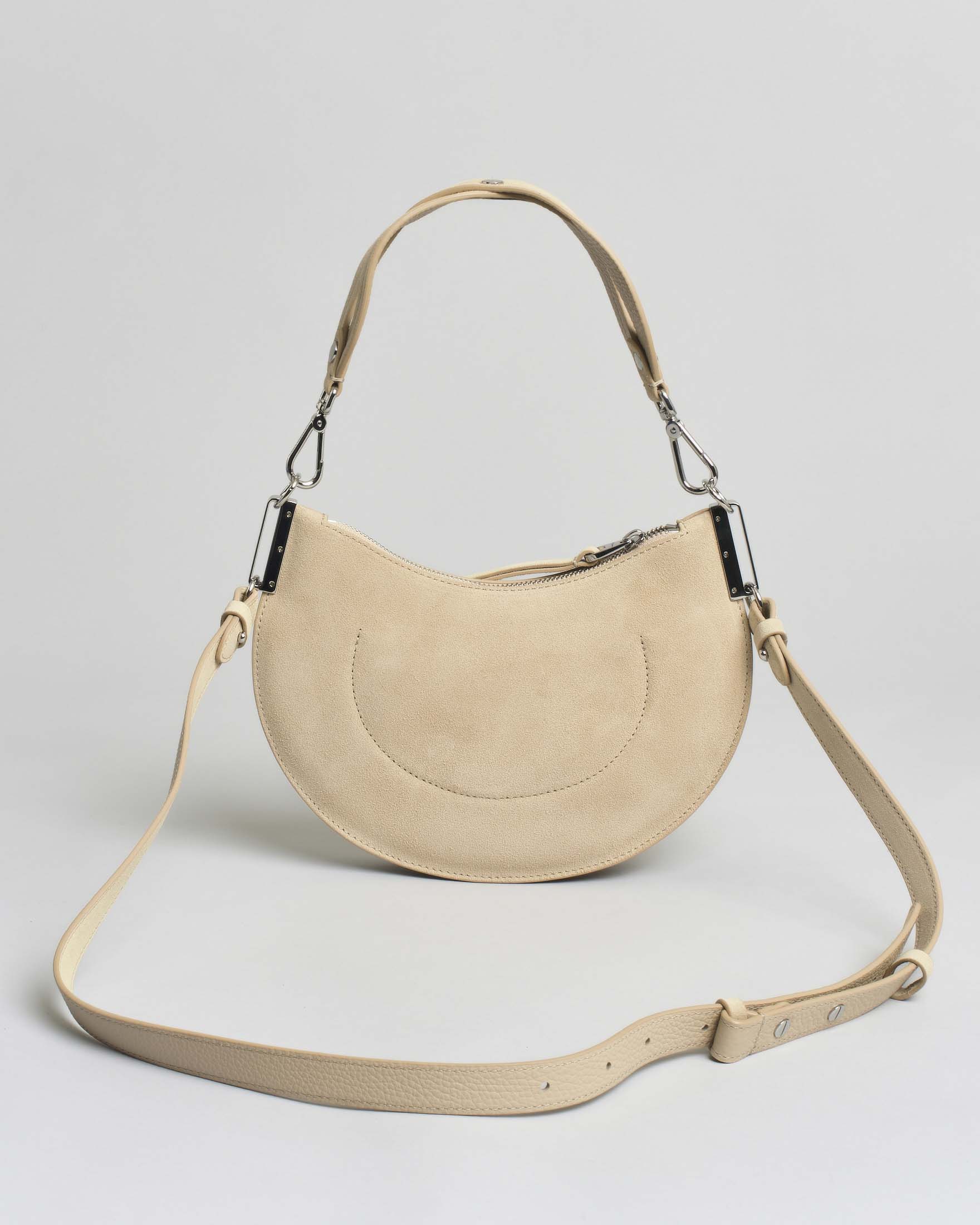 Borsa a spalla Sunup Small in pelle scamosciata beige con manico e tracolla removibili