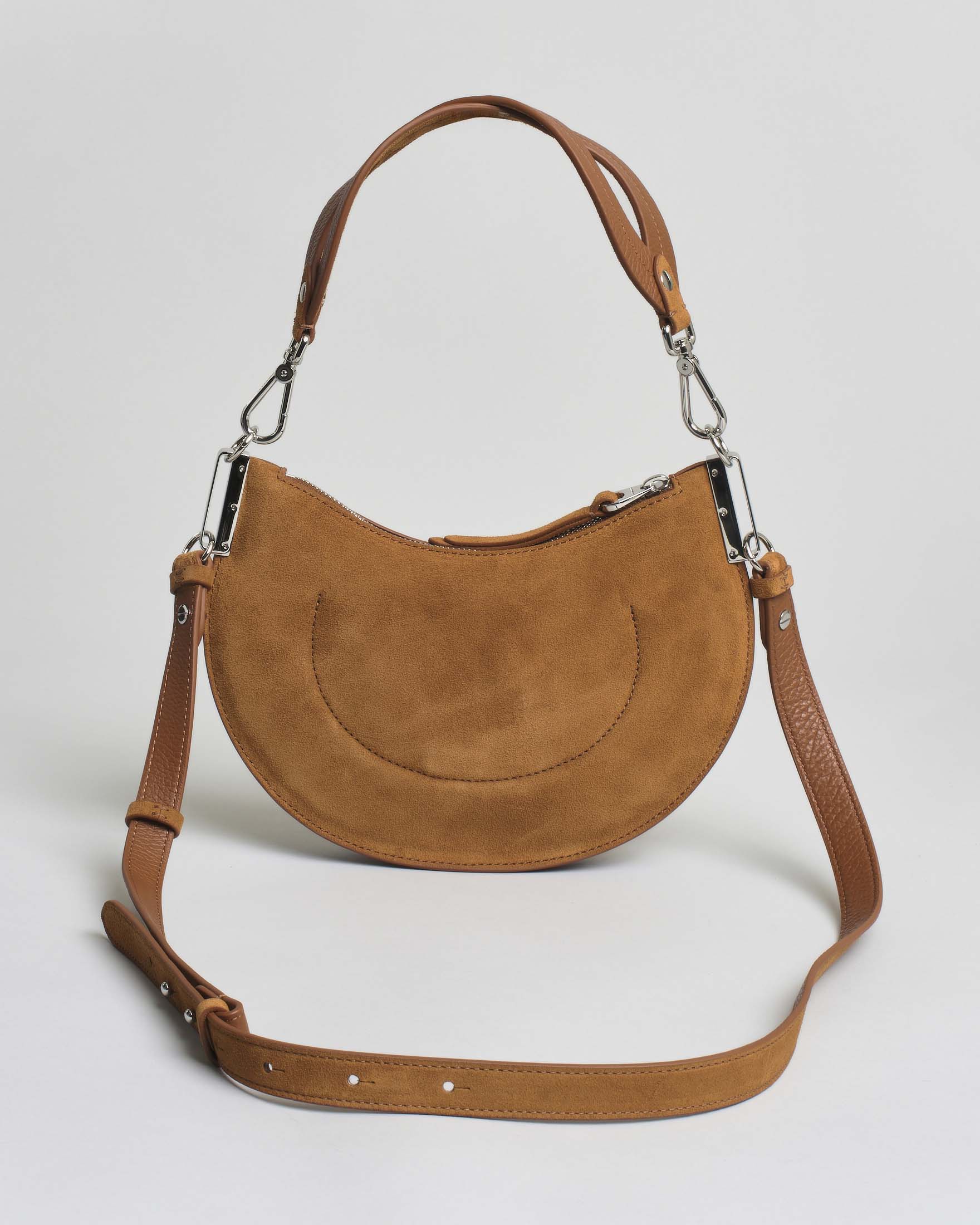 Borsa a spalla Sunup Small in pelle scamosciata color cognac con manico e tracolla removibili