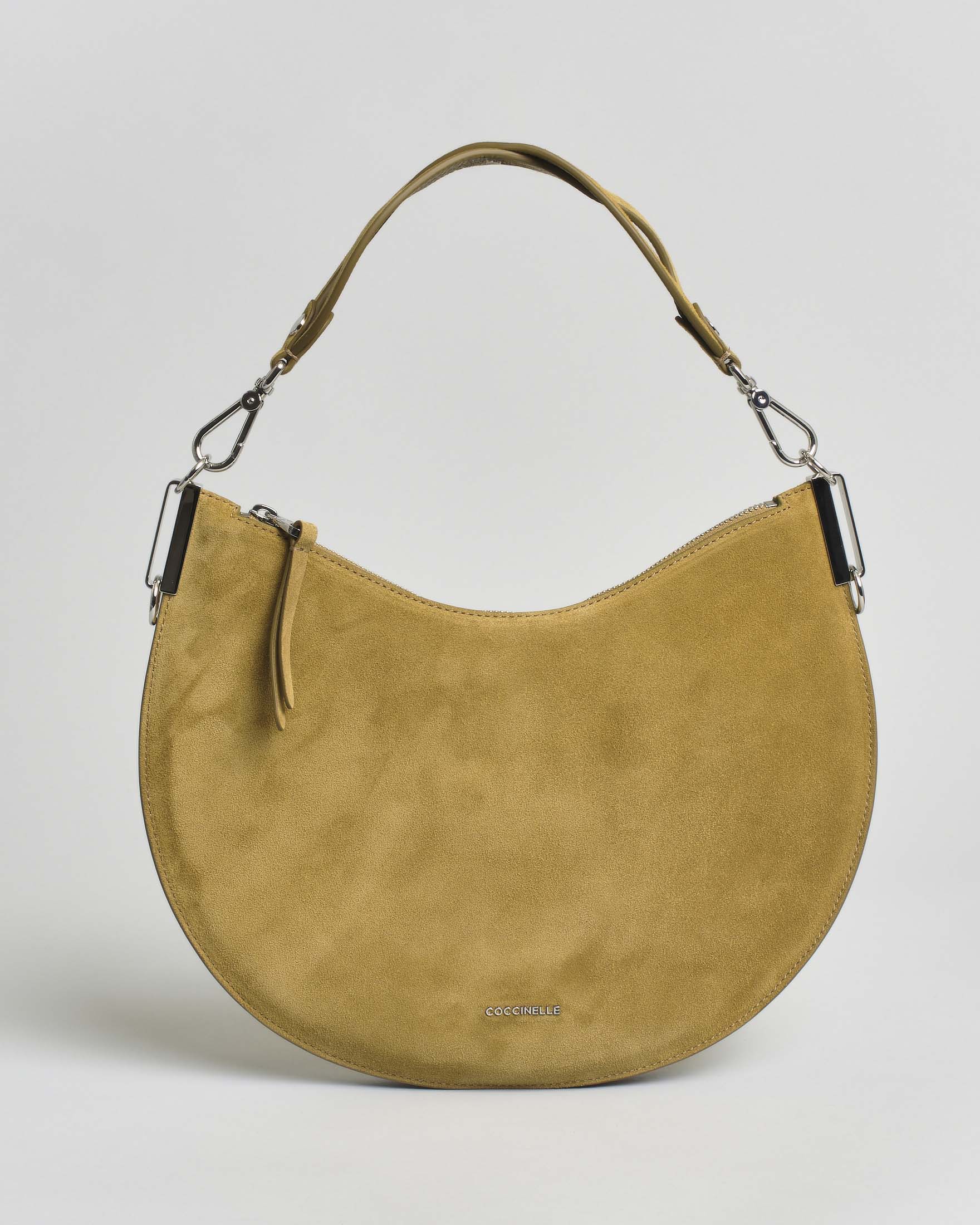 Borsa a spalla Sunup Medium in pelle scamosciata verde oliva con manico e tracolla removibili