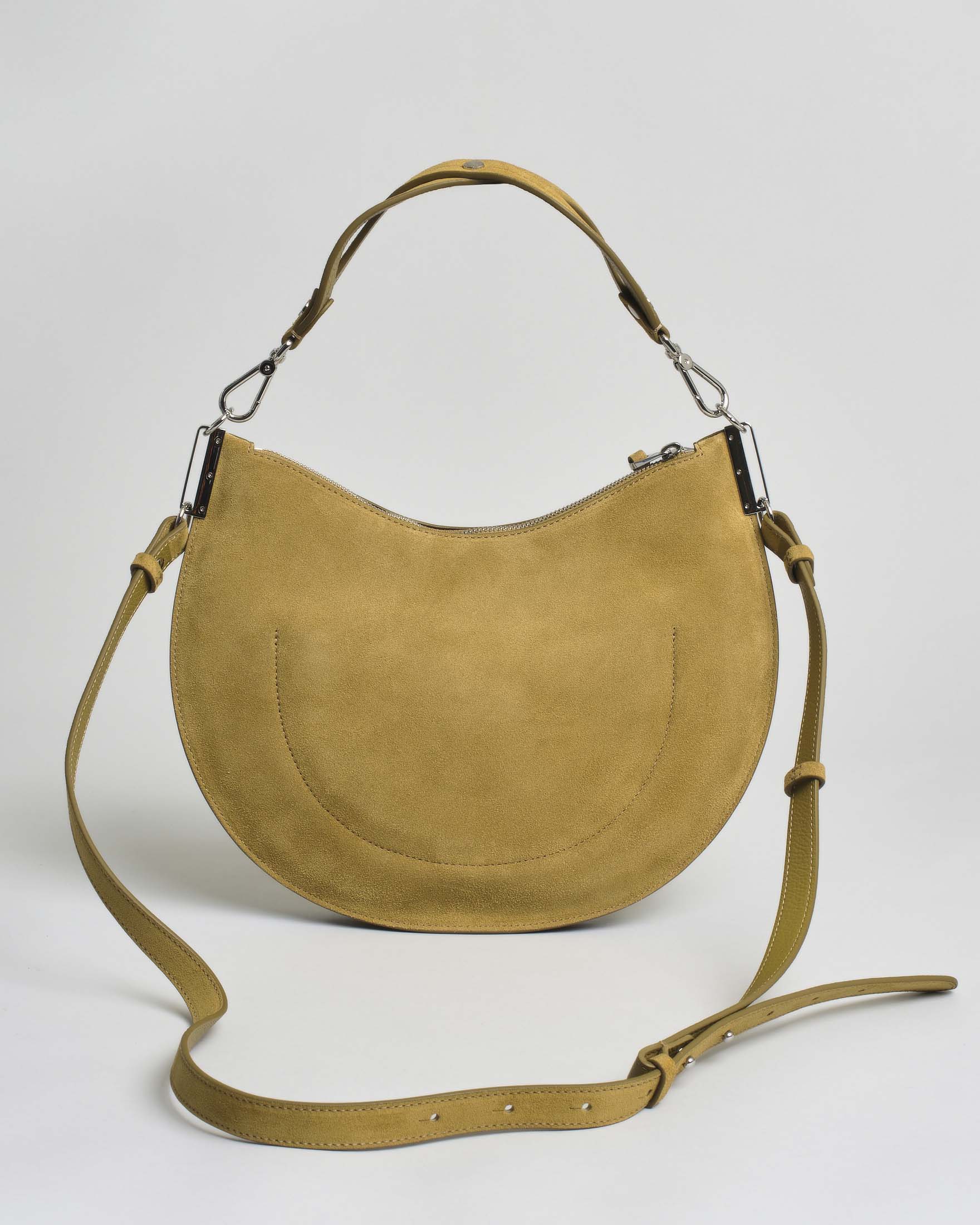 Borsa a spalla Sunup Medium in pelle scamosciata verde oliva con manico e tracolla removibili