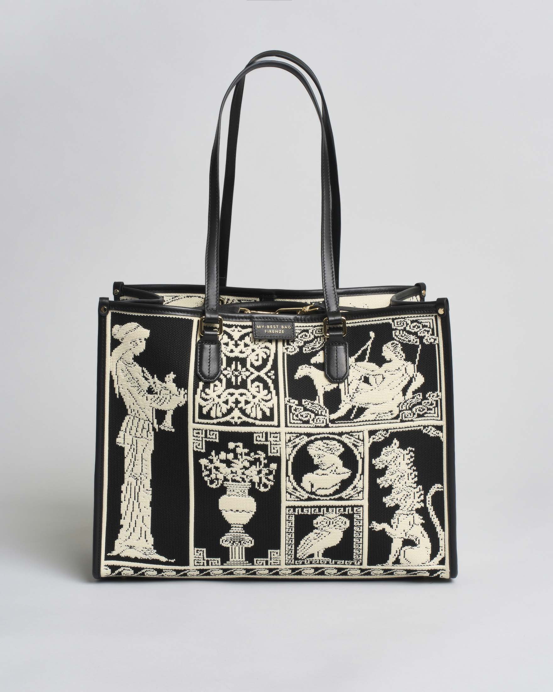 Borsa Atena Agorà grande My Best Bag nera in tessuto con ricami a rilievo