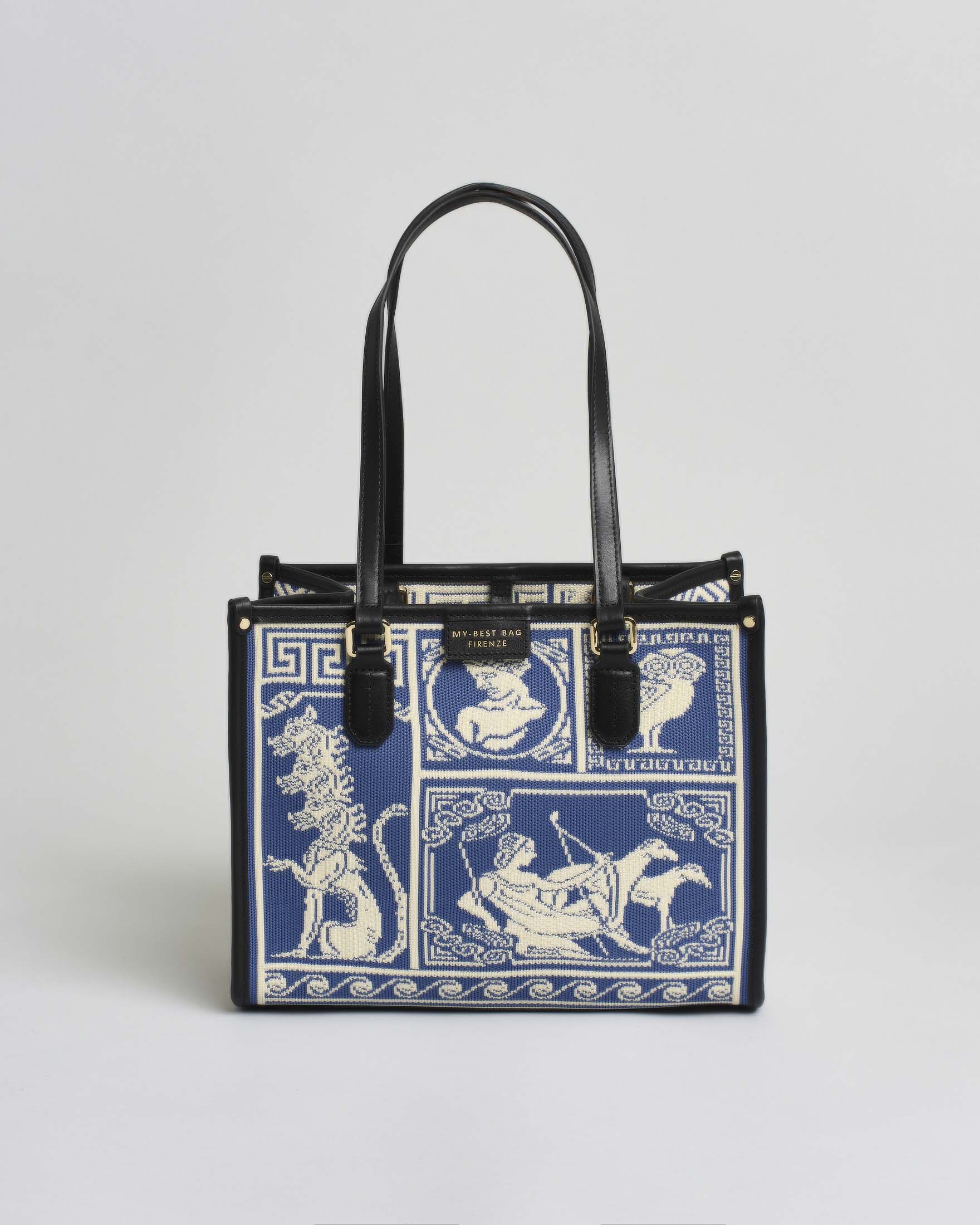 Borsa Atena Agorà media My Best Bag azzurra in tessuto con ricami a rilievo