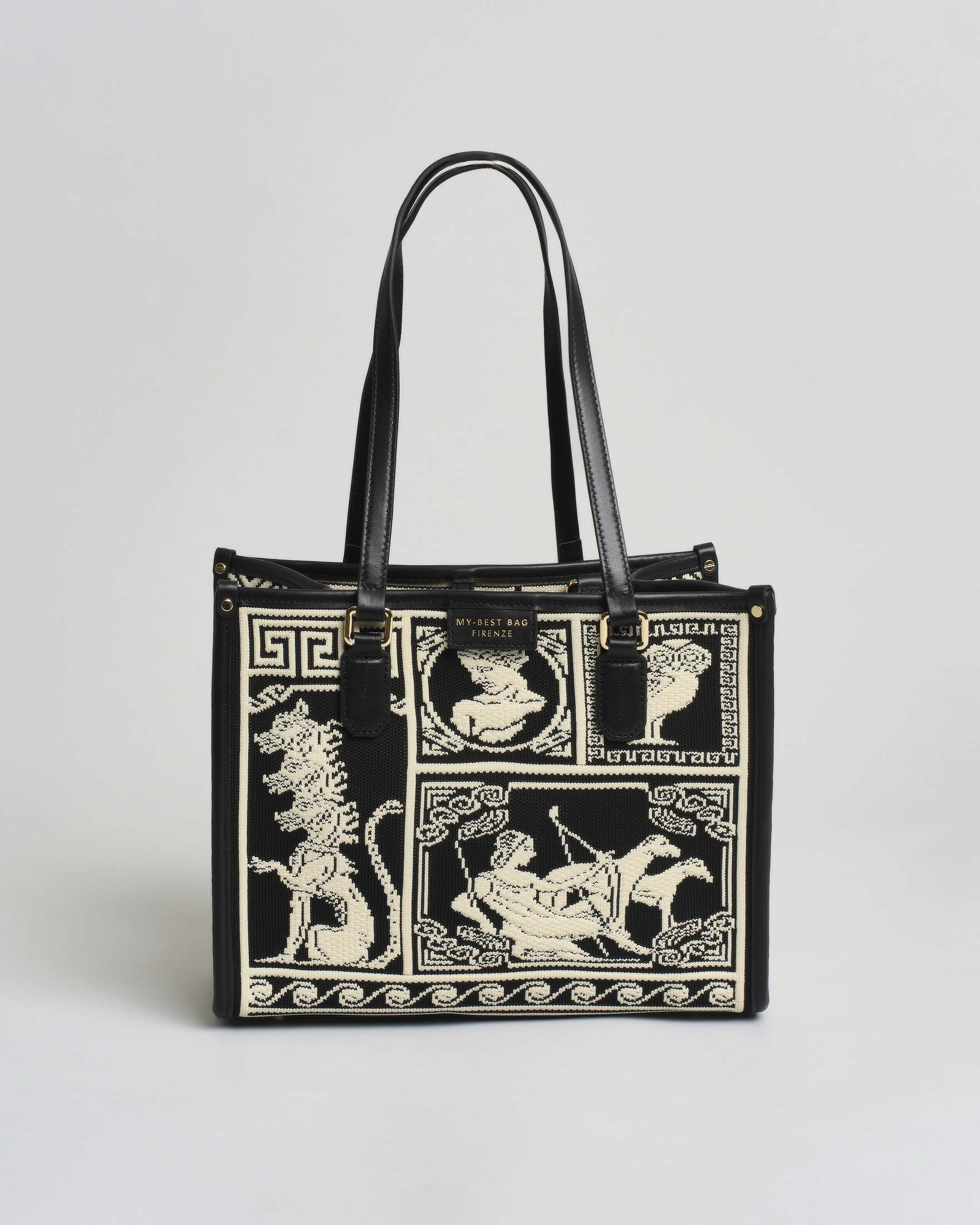 Borsa Atena Agorà media My Best Bag nera in tessuto con ricami a rilievo